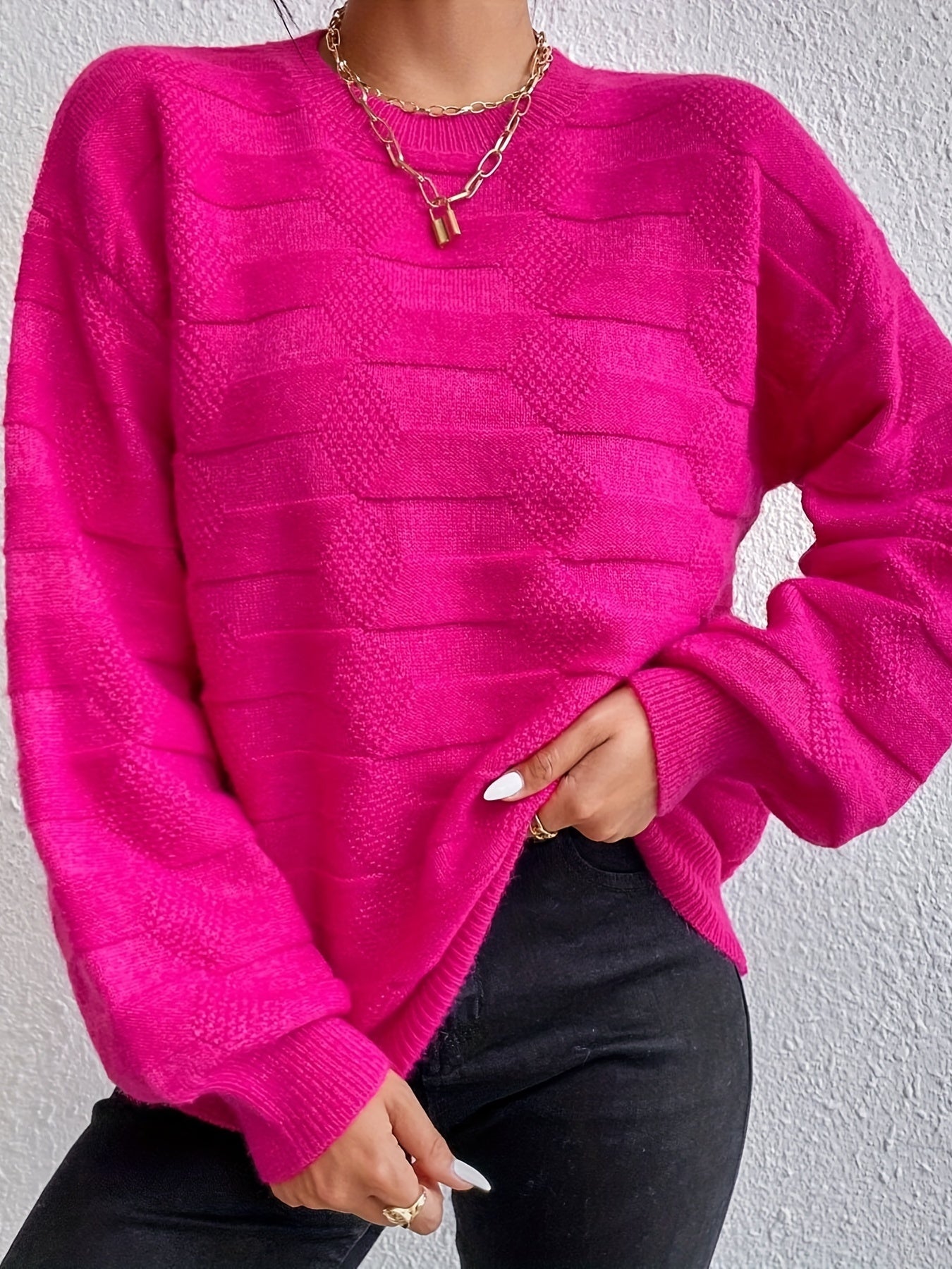 Sixsr Crew Neck Pullover Sweater, Slouchy Sweater Fall Winter Solid Loose Jumper Tops, Women's Clothings