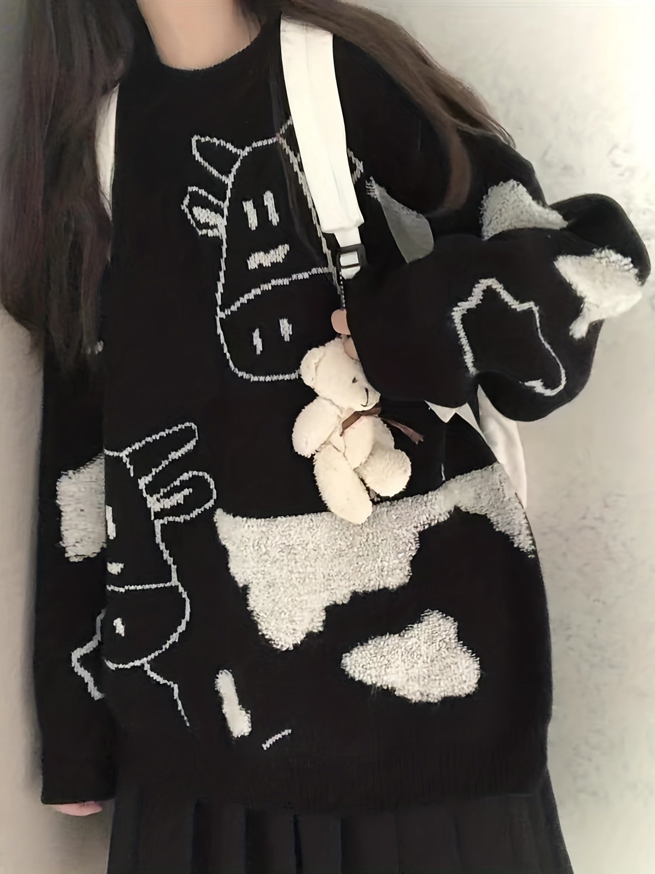 Sixsr Cute Cow Pattern Pullover Sweater, Preppy Long Sleeve Oversized Sweater, Women's Clothing