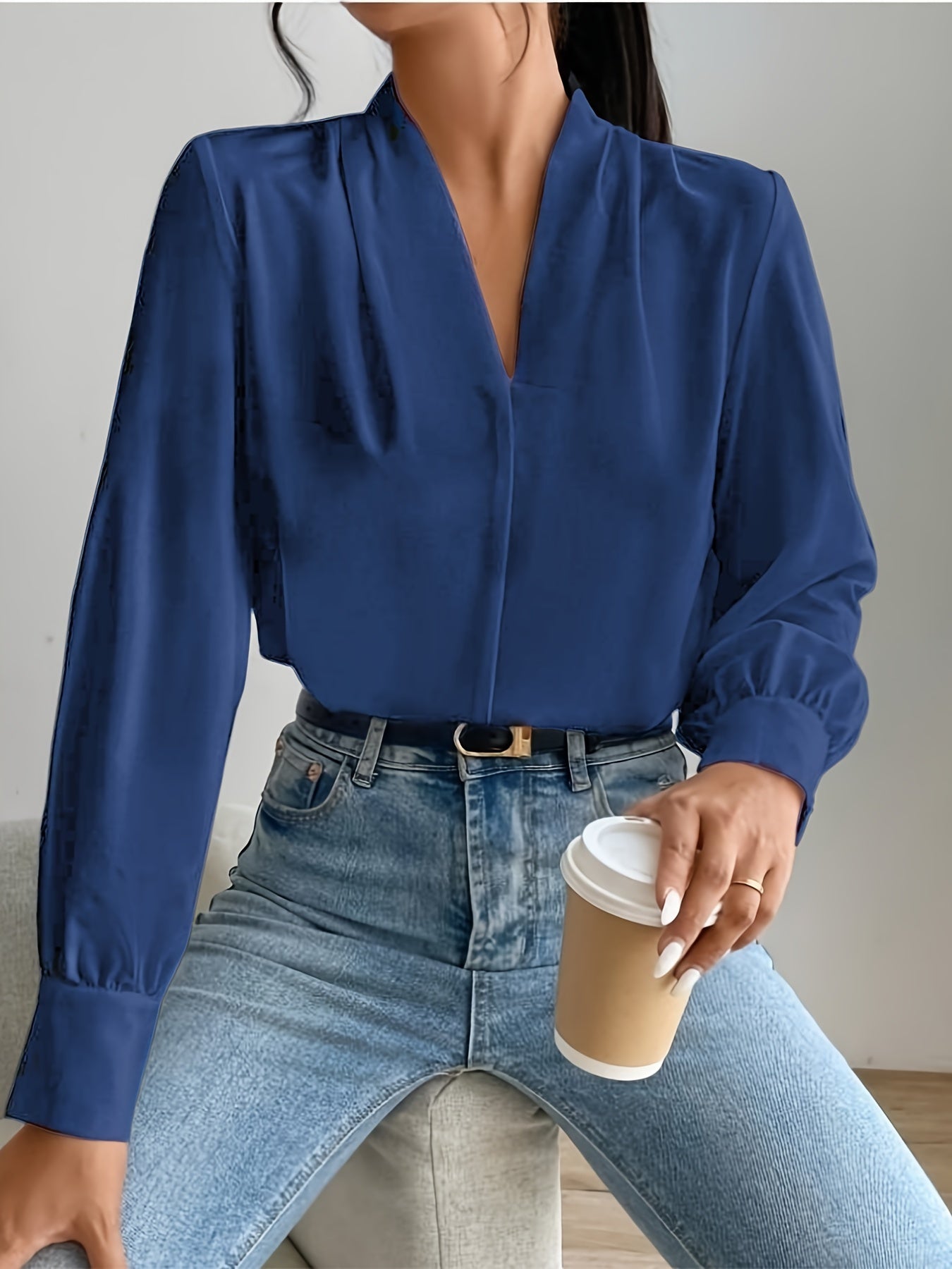 Sixsr Tucked Simple Blouse, Casual V Neck Long Sleeve Blouse, Women's Clothing