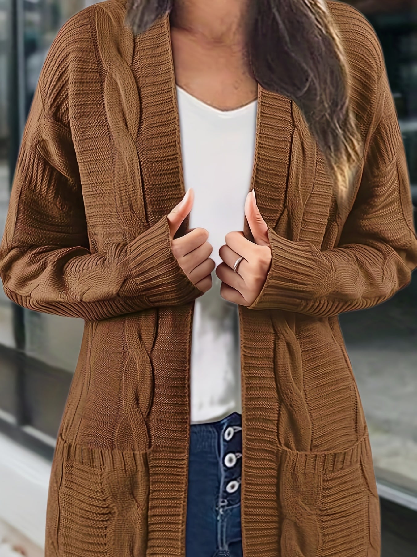 Sixsr Solid Cable Knit Cardigan, Casual Open Front Long Sleeve Sweater, Women's Clothing