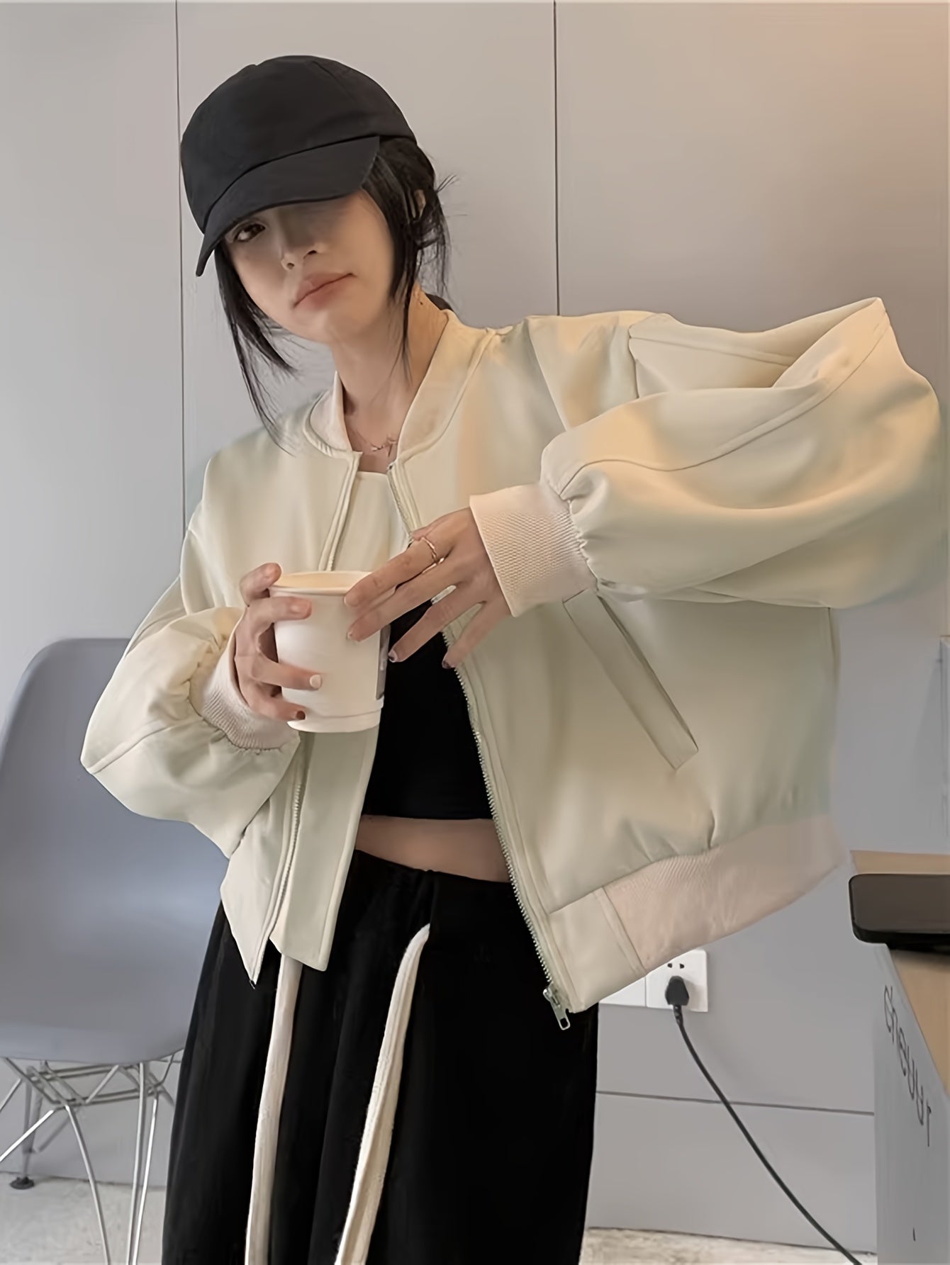 Sixsr Solid Zipper Pockets Bomber Jacket, Casual Long Sleeve Outwear For Fall & Winter, Women's Clothing