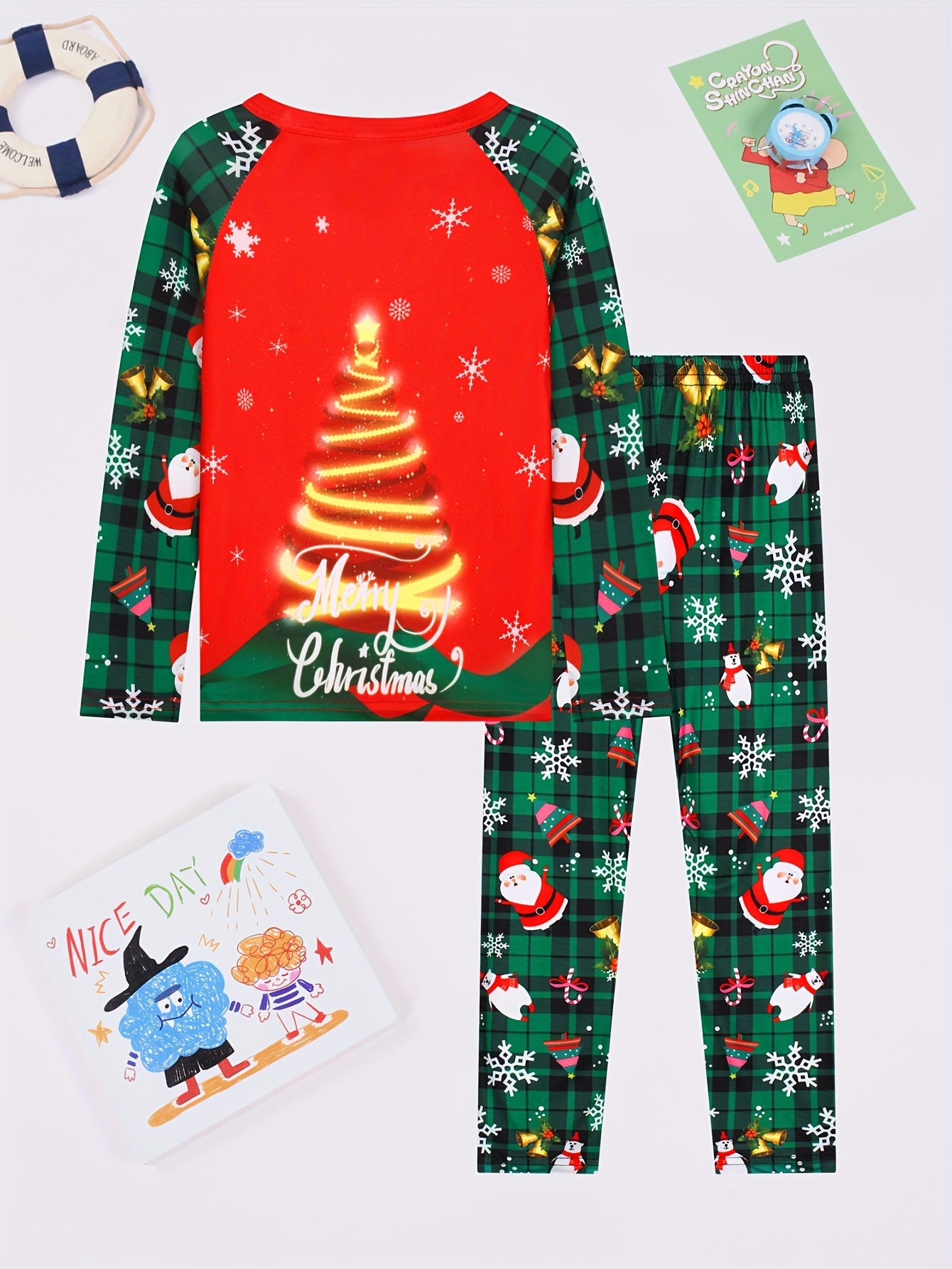 Cozy Christmas Plaid Print Youngsters' Pajama Set - Flame-Resistant, Soft Knit Fabric with Long Sleeve Top & Pants for Boys and Girls