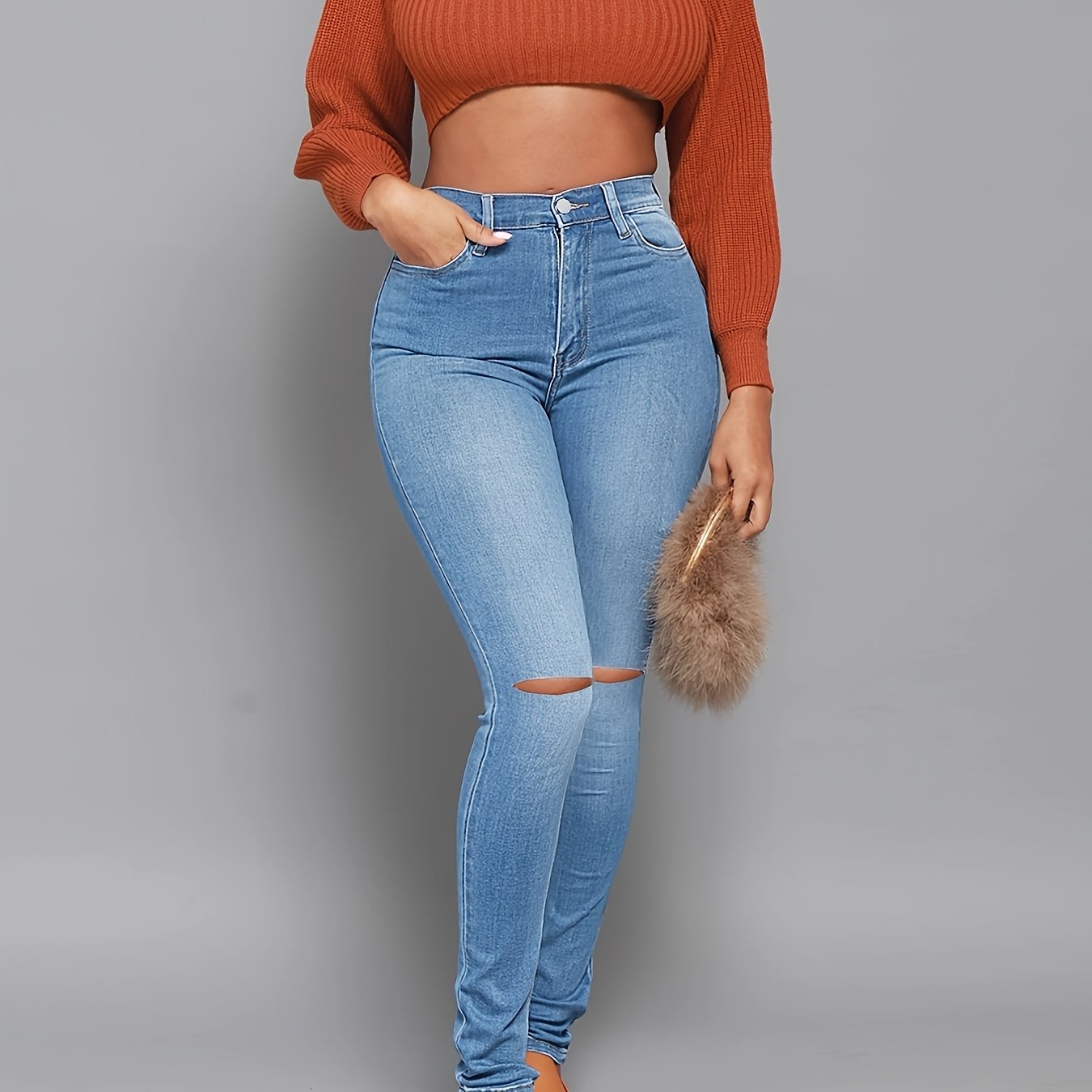Sixsr High Rise Ripped Skinny Jeans, High Waist Curvy Distressed Long Stacked Hem Denim Pants, Women's Denim & Clothing