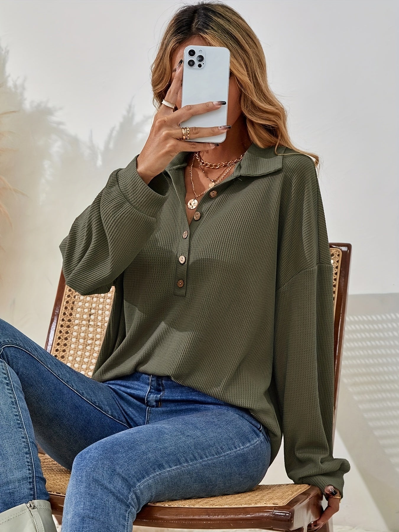Sixsr Textured Half Button Pullover Sweatshirt, Casual Long Sleeve Lapel Sweatshirt For Fall & Winter, Women's Clothing