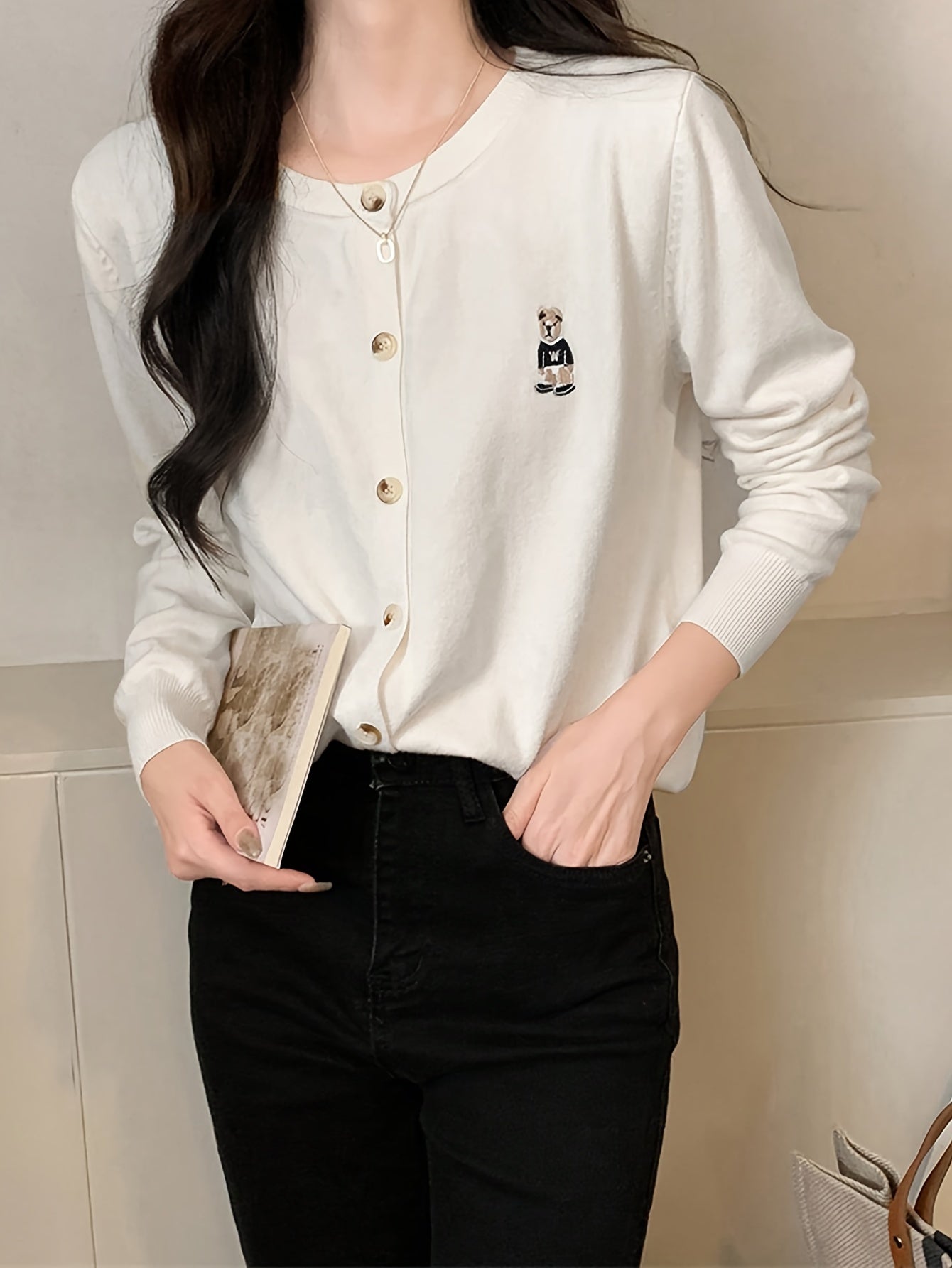 Sixsr Bear Pattern Button Front Cardigan, Casual Long Sleeve Cardigan For Spring & Fall, Women's Clothing