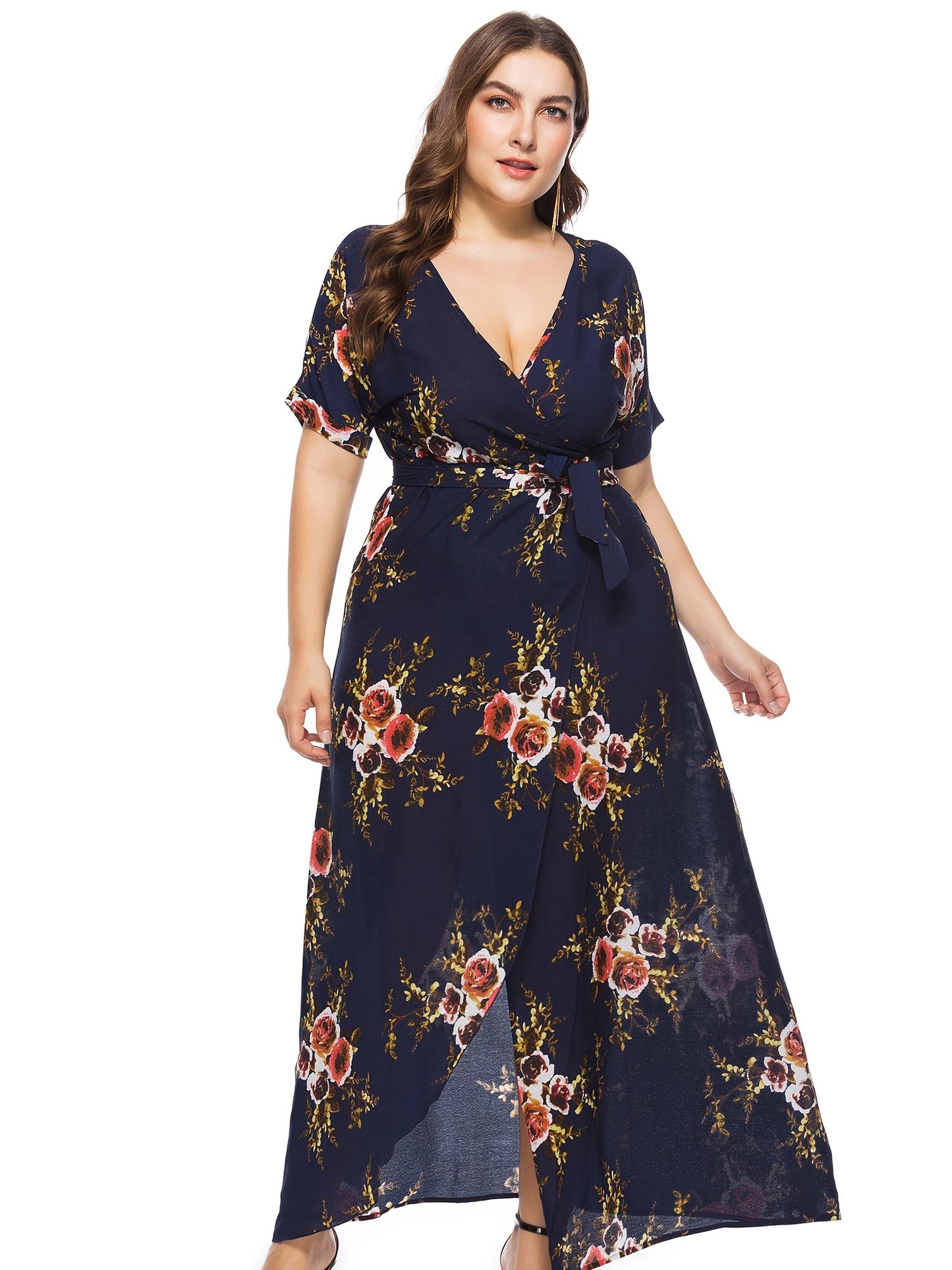 Sixsr Plus Size Floral Print Split Hem Maxi Dress With Belt, Women's Plus V Neck Long Dress, Dress Women