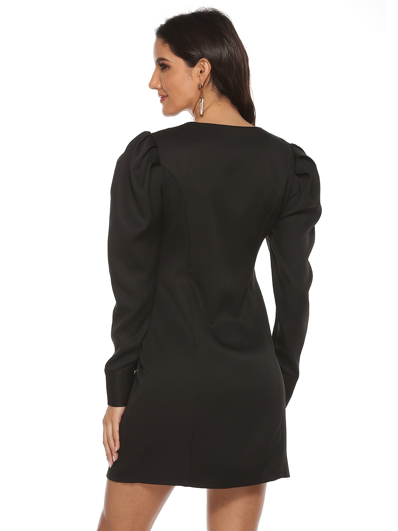 Sixsr Double Breasted Ruffle Hem Solid Tweed Dress, Temperament Slim Ruffled Solid Dress, Women's Clothing