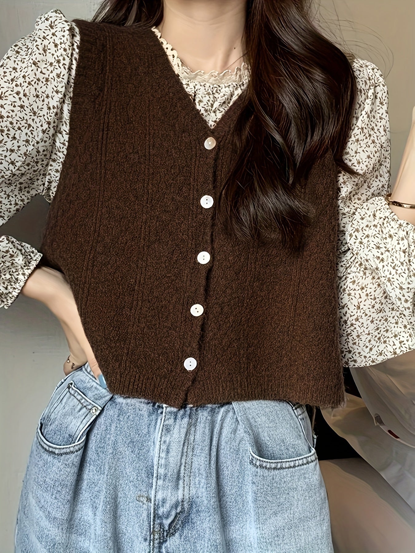Sixsr Solid Button Down Knit Vest, Casual V Neck Sleeveless Sweater Vest, Women's Clothing