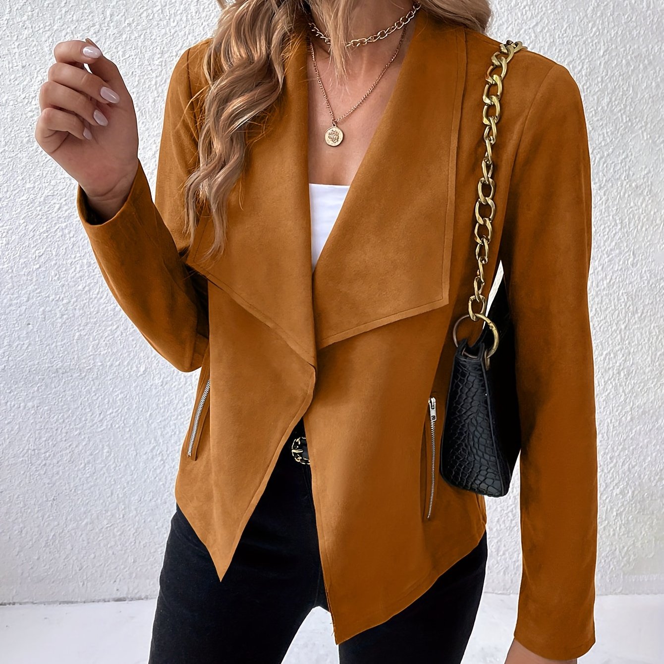 Sixsr Solid Open Front Lapel Jacket, Elegant Long Sleeve Jacket For Spring & Fall, Women's Clothing