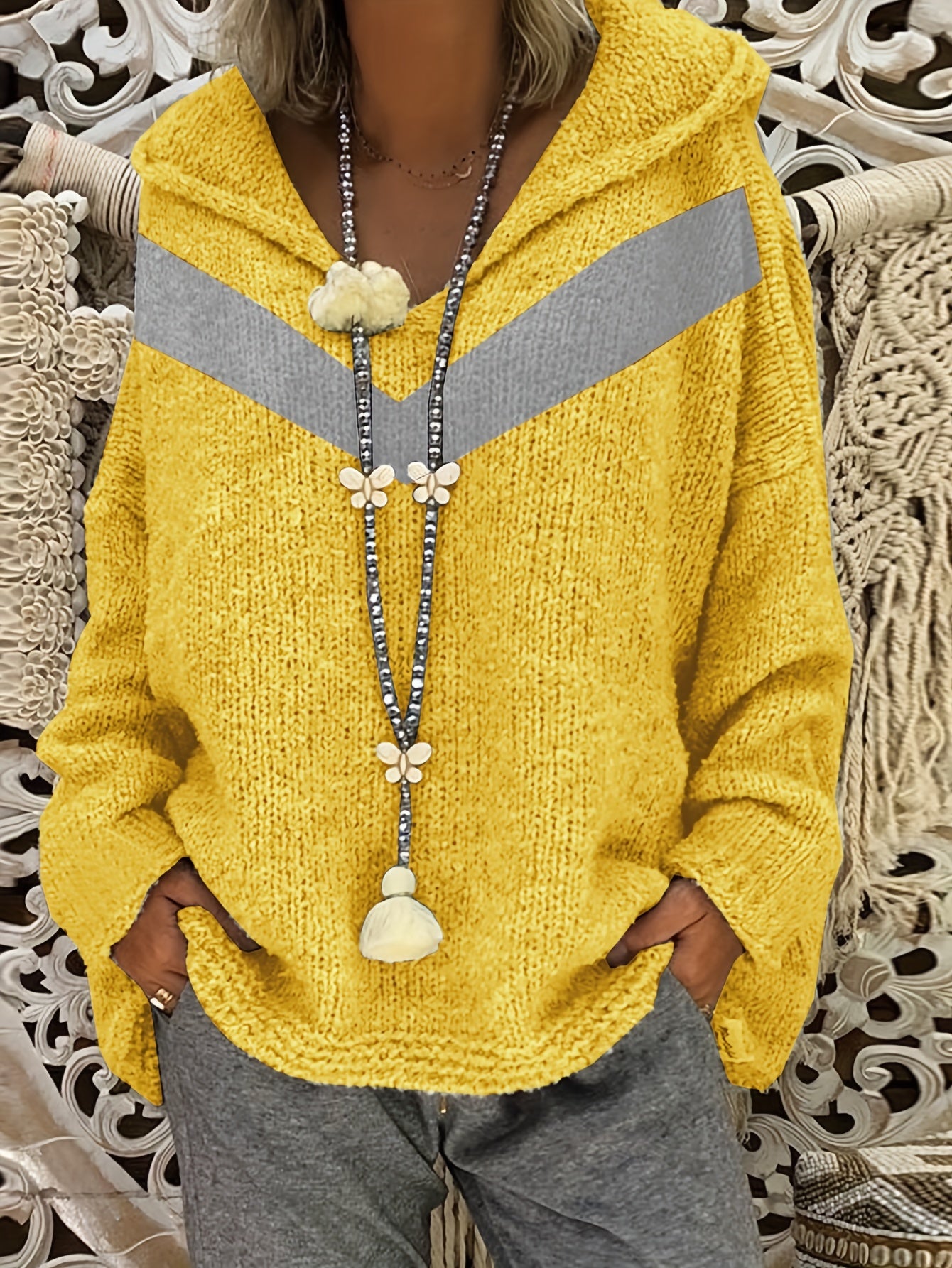 Sixsr Plus Size Casual Sweater, Women's Plus Colorblock Stripe Print Long Sleeve Hooded Jumper
