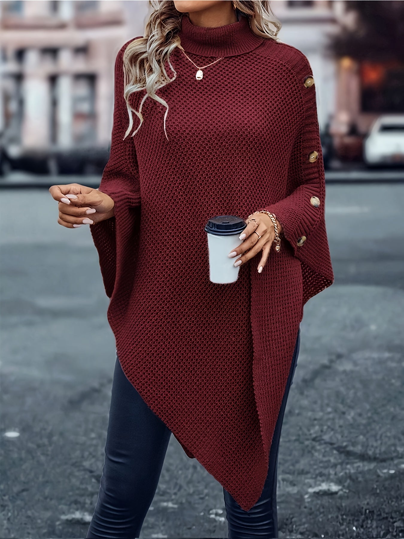 Sixsr Solid Cape Knit Sweater, Elegant Turtleneck Asymmetrical Hem Sweater, Women's Clothing