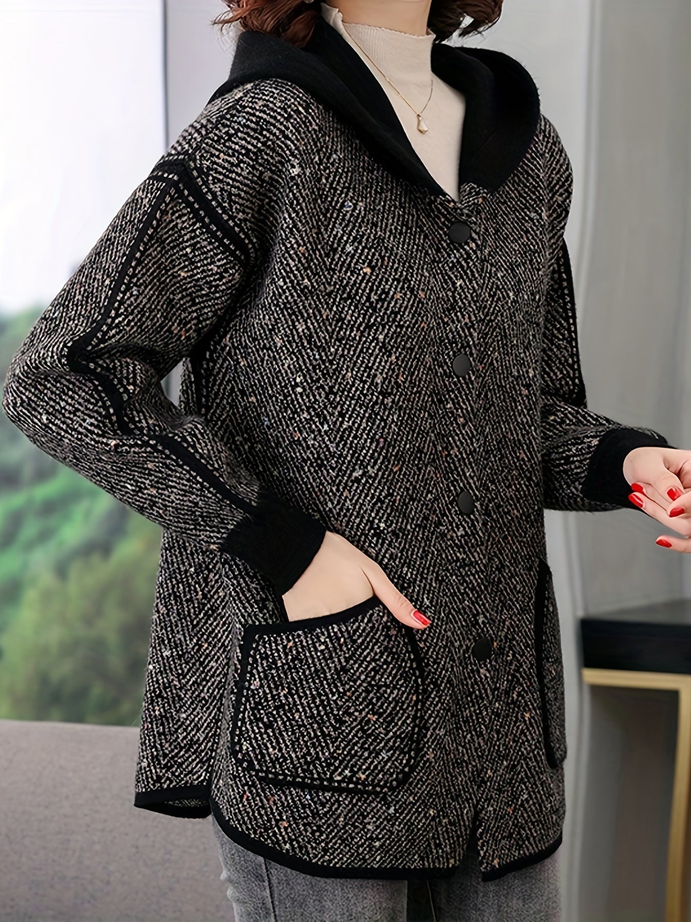 Sixsr Button Front Hooded Jacket, Casual Long Sleeve Outerwear With Pockets, Women's Clothing