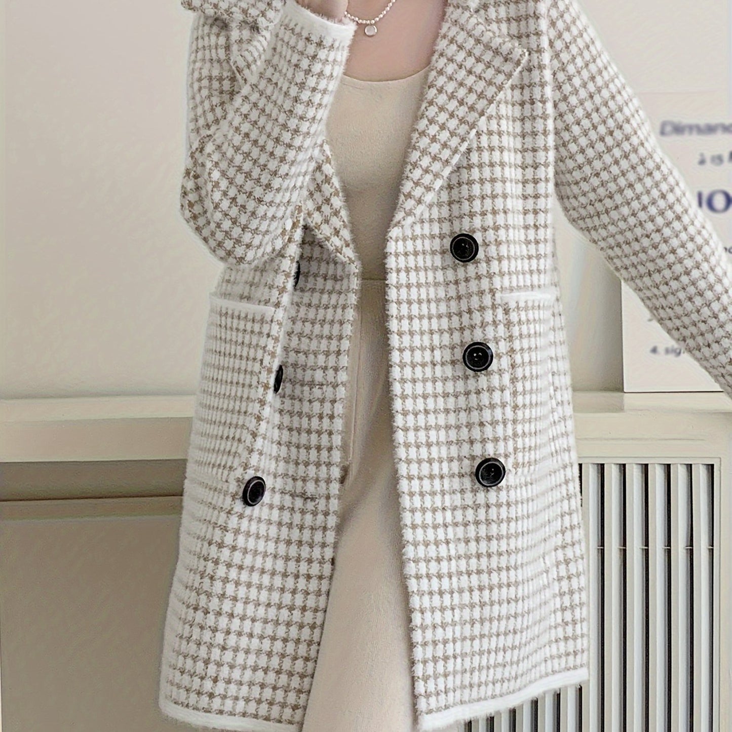 Sixsr Double Breasted Fuzzy Overcoat, Elegant Lapel Long Sleeve Warm Outerwear, Women's Clothing