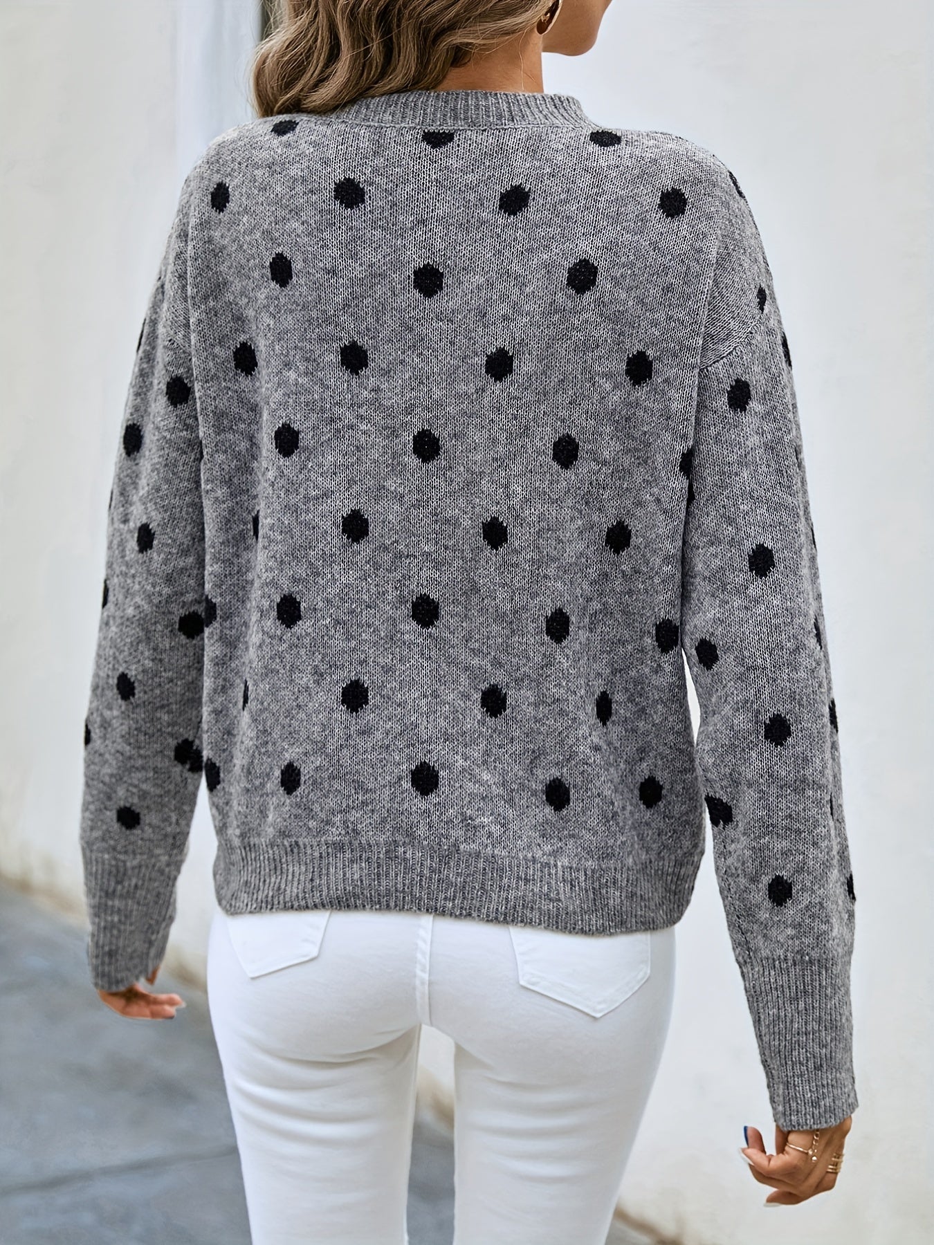 Sixsr Polka Dot Crew Neck Pullover Sweater, Casual Long Sleeve Sweater For Fall & Winter, Women's Clothing