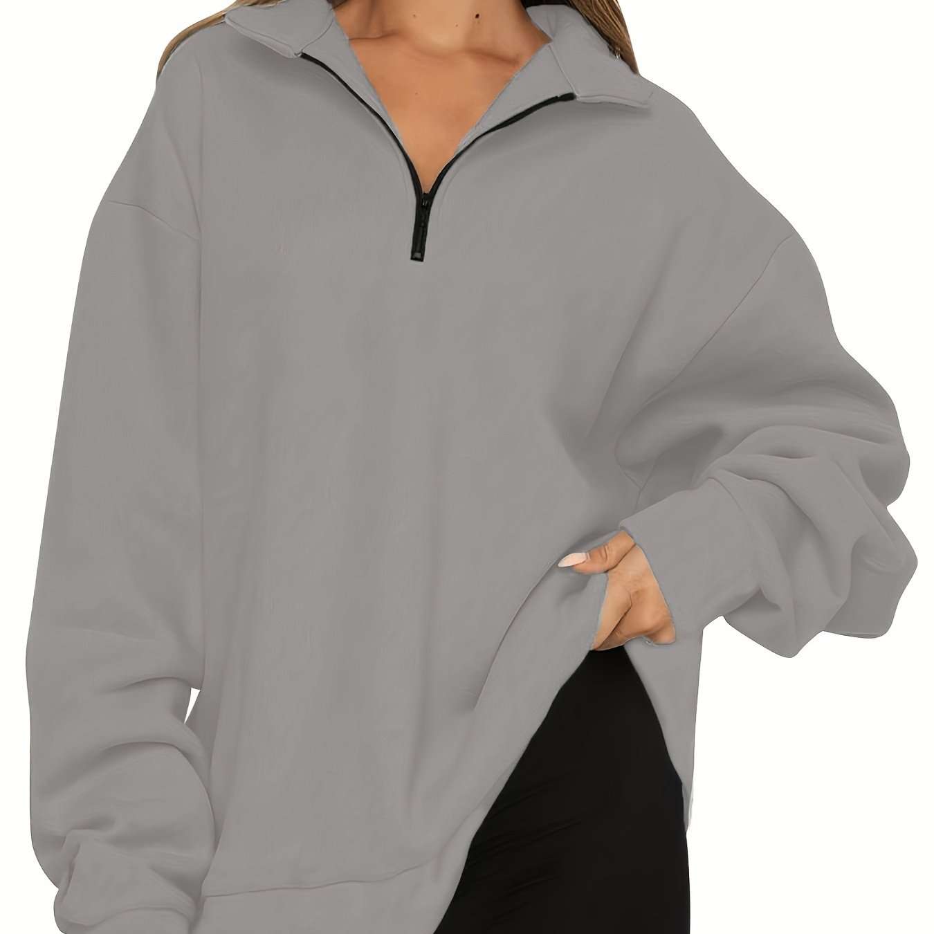 Sixsr Plus Size Casual Sweatshirt, Women's Plus Solid Long Sleeve Zip Up Lapel Collar Pullover Sweatshirt, Casual Tops For Fall & Winter, Women's Clothing