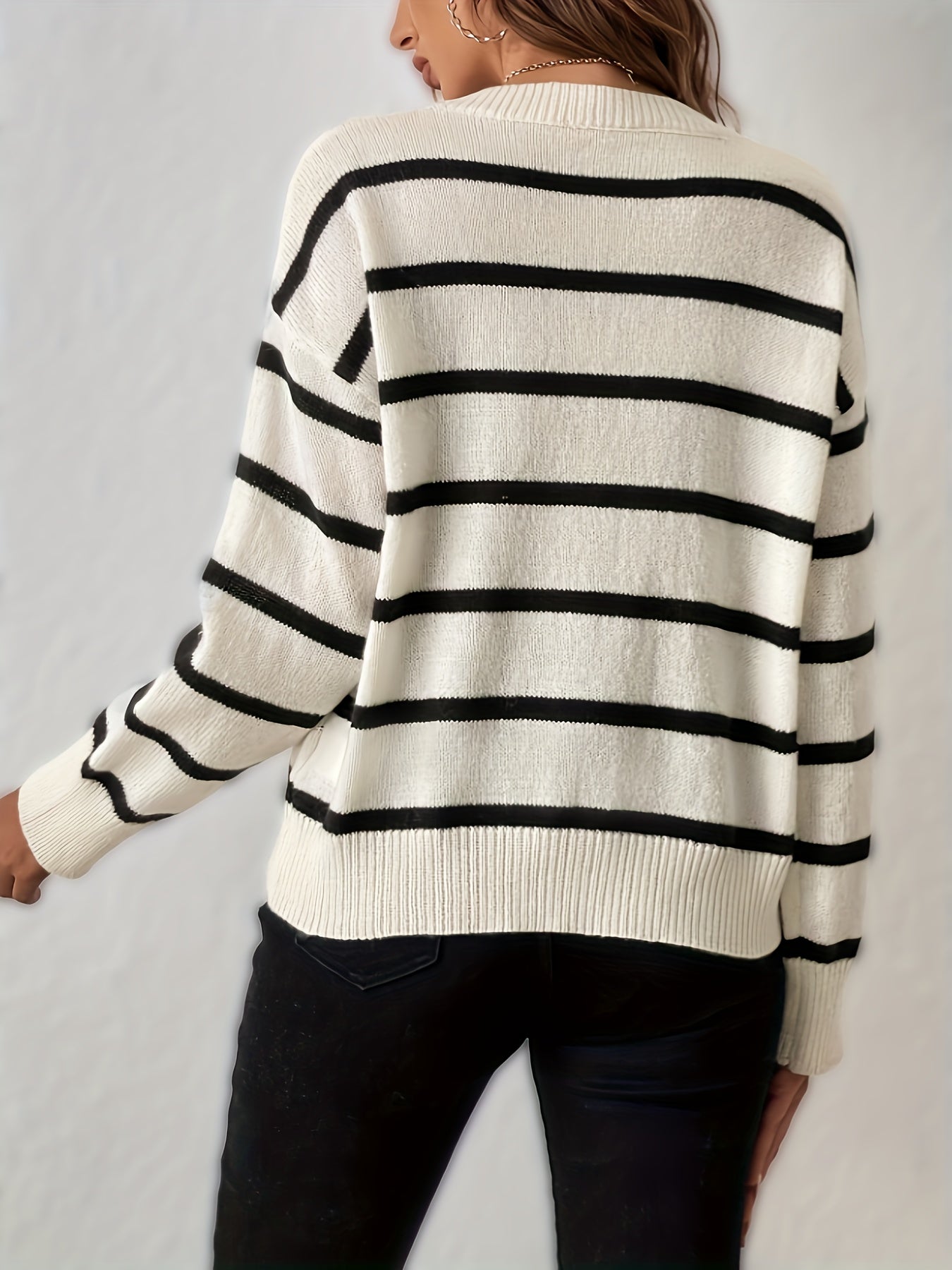 Sixsr Stripe Pattern Knitted Pullover Top, Casual V Neck Long Sleeve Sweater For Fall & Winter, Women's Clothing