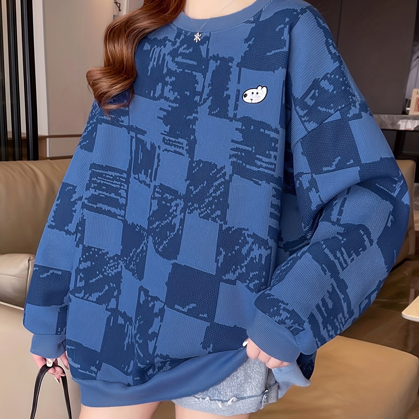 Sixsr Plaid Print Dog Sweatshirt, Casual Oversized Crew Neck Comfy Sweatshirt, Women's Clothing