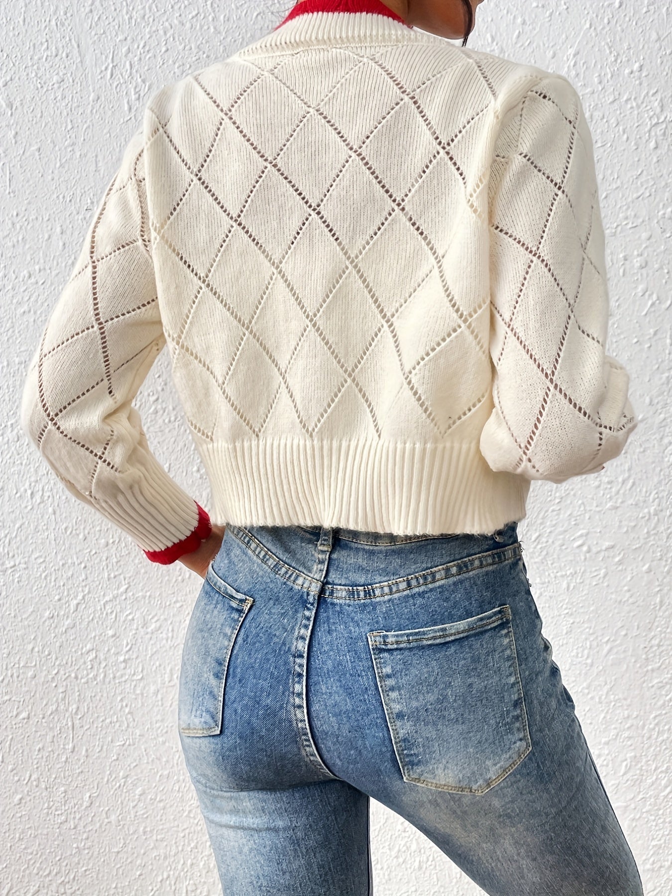 Sixsr Cherry Pattern Button Down Pointelle Knit Cardigan, Casual Long Sleeve Crop Sweater, Women's Clothing