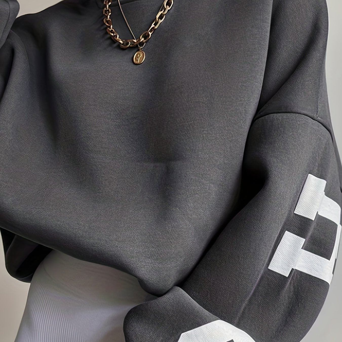 Sixsr Women Oversized Thermal Letter Graphic Print Sweatshirt Aesthetic Crew Neck Long Sleeve Drop Shoulder Pullover