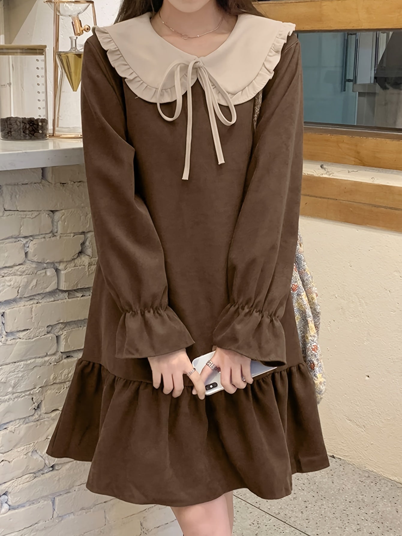 Sixsr Ruffle Trim Peter Pan Collar Dress, Casual Lantern Sleeve Loose Dress, Women's Clothing