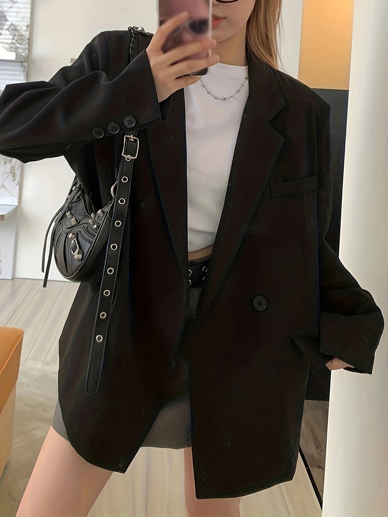 Sixsr Notched Collar Button Front Blazer, Elegant Long Sleeve Blazer For Office & Work, Women's Clothing