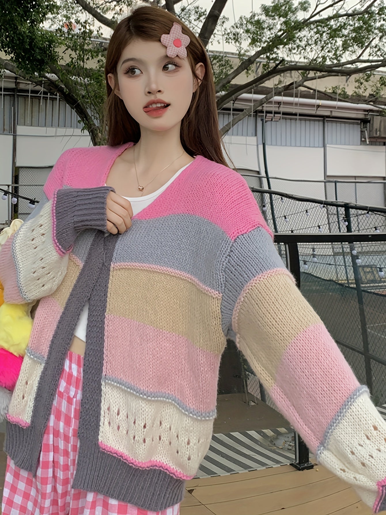 Sixsr Color Block Open Front Knit Cardigan, Casual Long Sleeve Loose Sweater, Women's Clothing