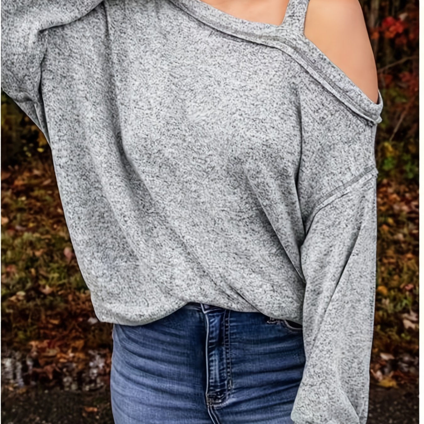 Sixsr Plus Size Casual Sweatshirt, Women's Plus Solid One Shoulder Long Sleeve Irregular Neck Slight Stretch Pullover Sweatshirt, Casual Tops For Fall & Winter, Plus Size Women's Clothing