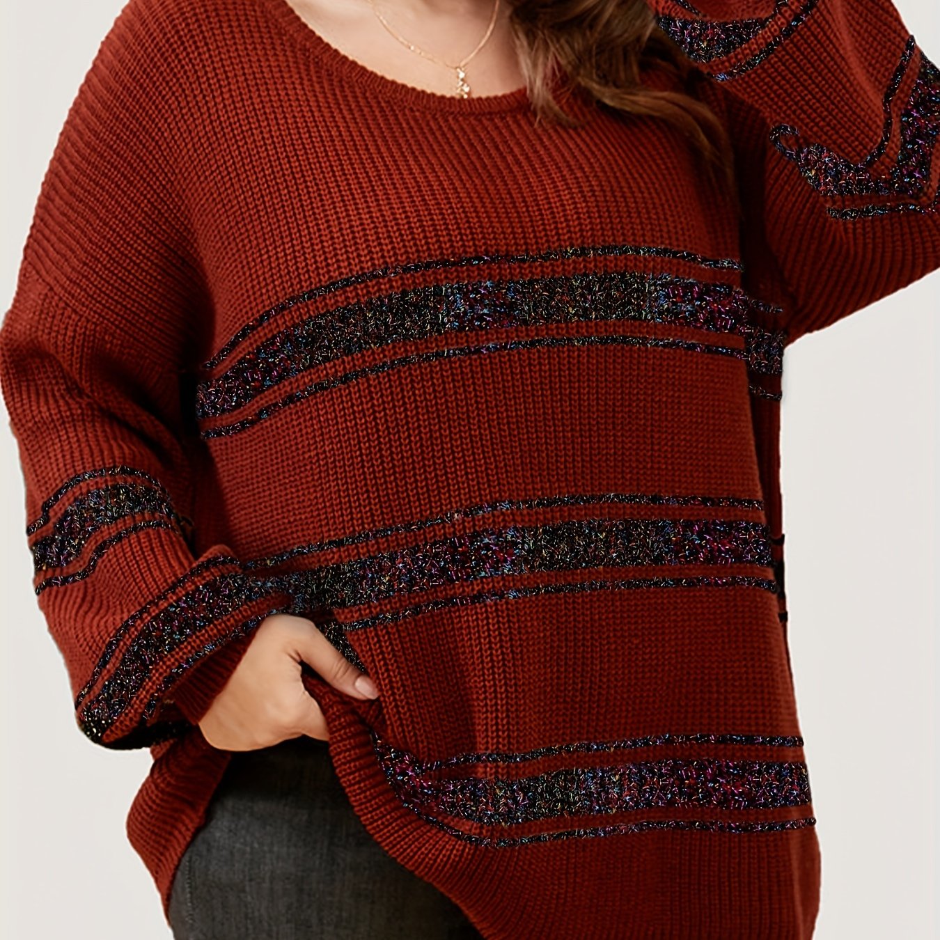 Sixsr Plus Size Casual Sweater, Women's Plus Colorblock Striped Sequin Lantern Sleeve Round Neck Pullover Sweater