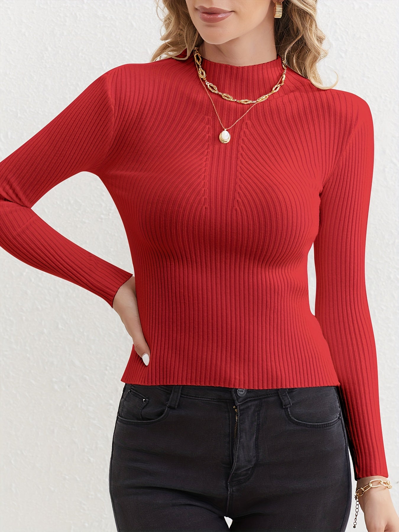 Sixsr Solid Mock Neck Slim Pullover Sweater, Causal Long Sleeve Sweater, Women's Clothing