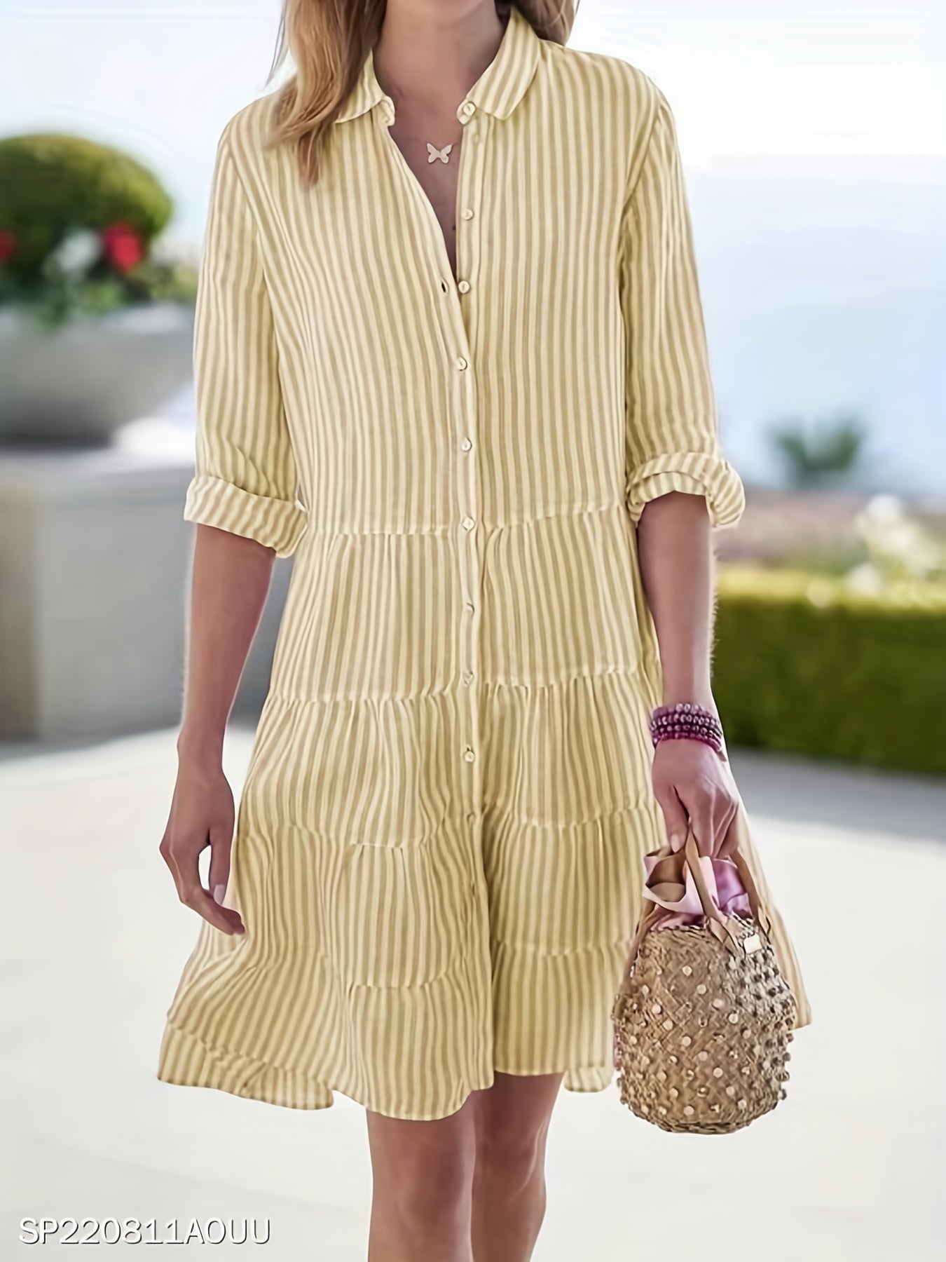 Sixsr Striped Ruffle Layered Hem Shirt Dress, Casual Button Long Sleeve Tiered Dress, Women's Clothing