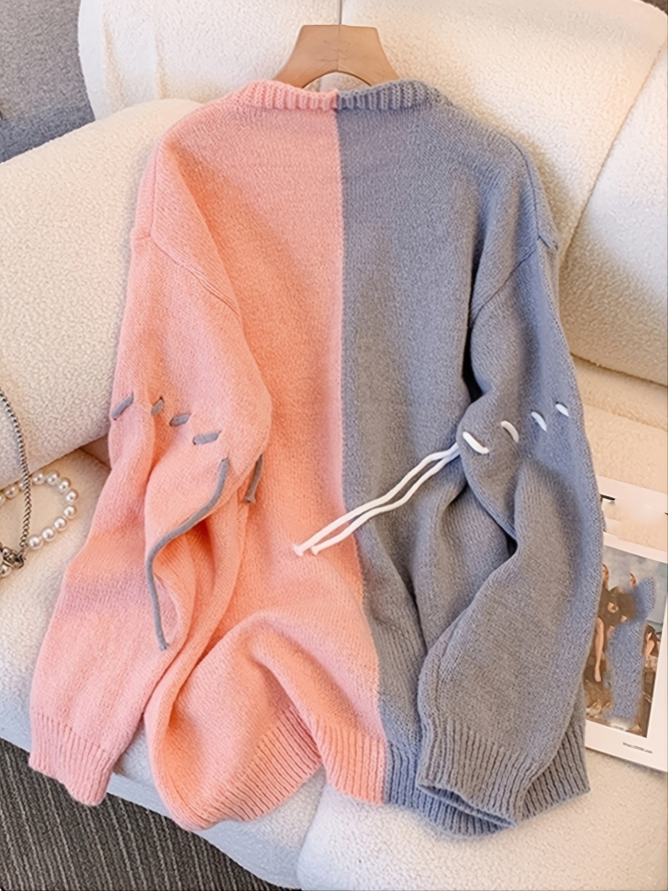 Sixsr Vintage Color Block Cardigan, V-neck Long Sleeve Cardigan For Fall & Winter, Women's Clothing