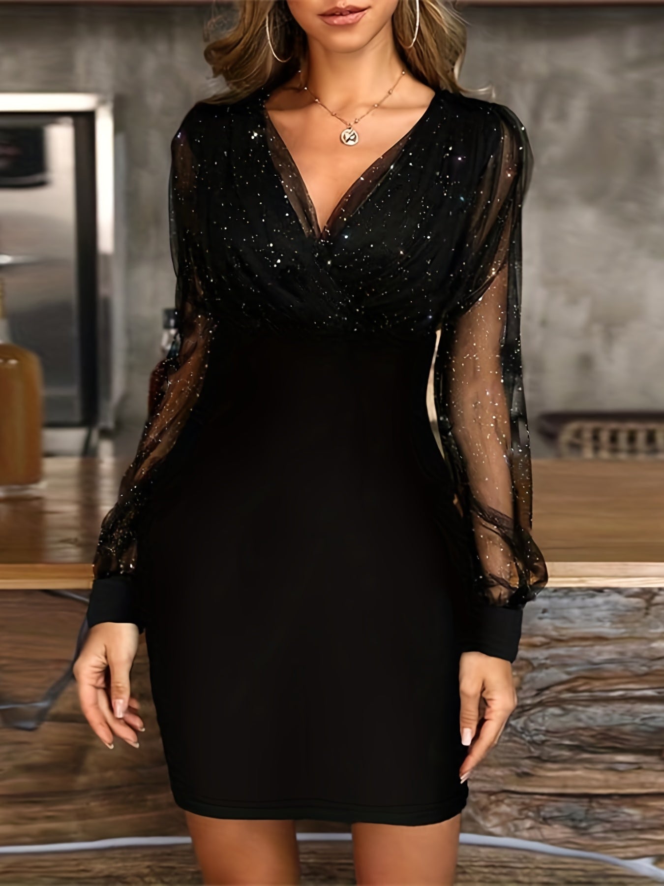 Solid Sequin Stitching Lace Long Sleeve Dress, Elegant Mesh Slim Sexy Party Dress, Women's Clothing