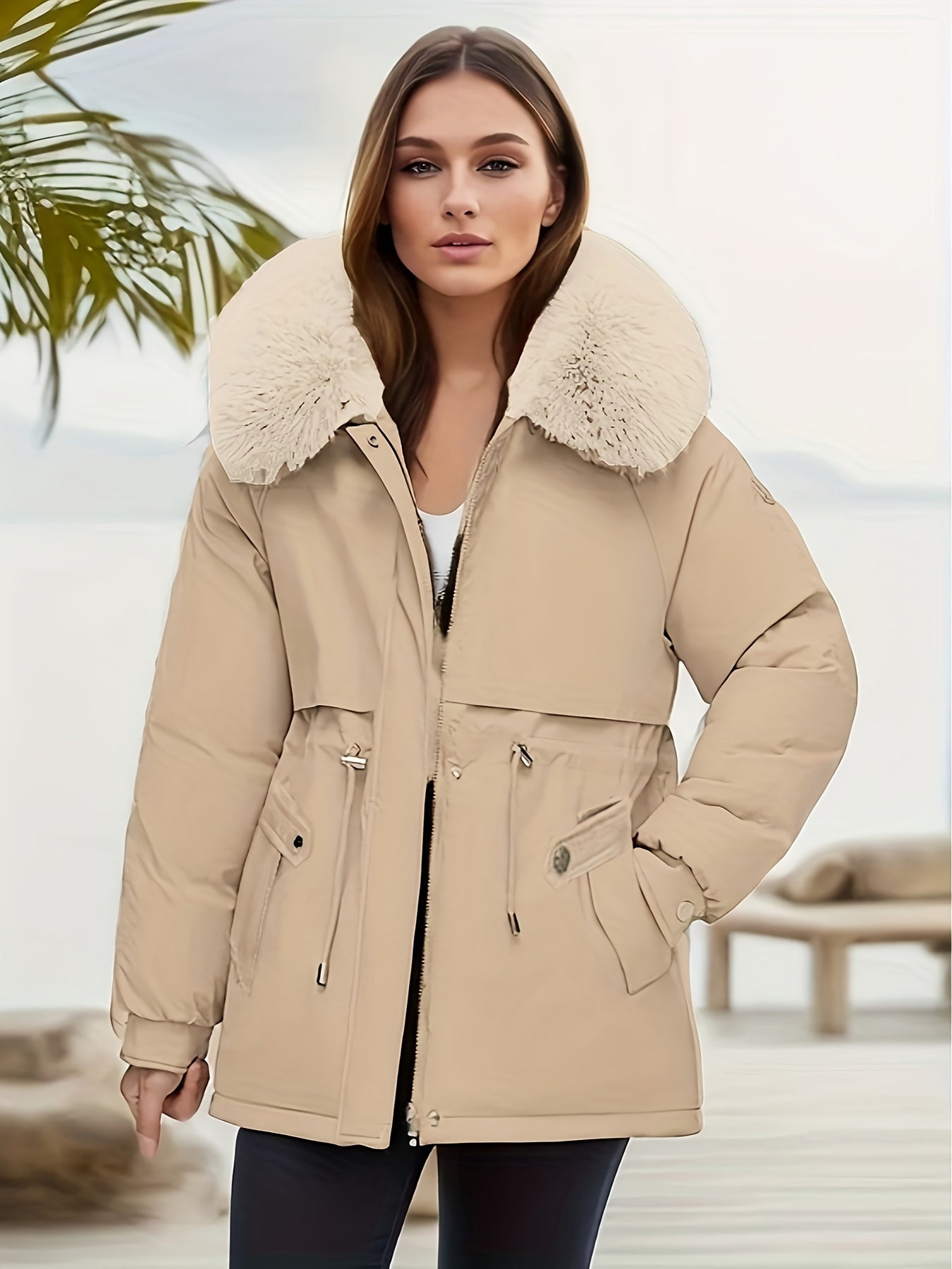 Sixsr Solid Hooded Drawstring Waist Coat, Casual Long Sleeve Winter Warm Outerwear, Women's Clothing