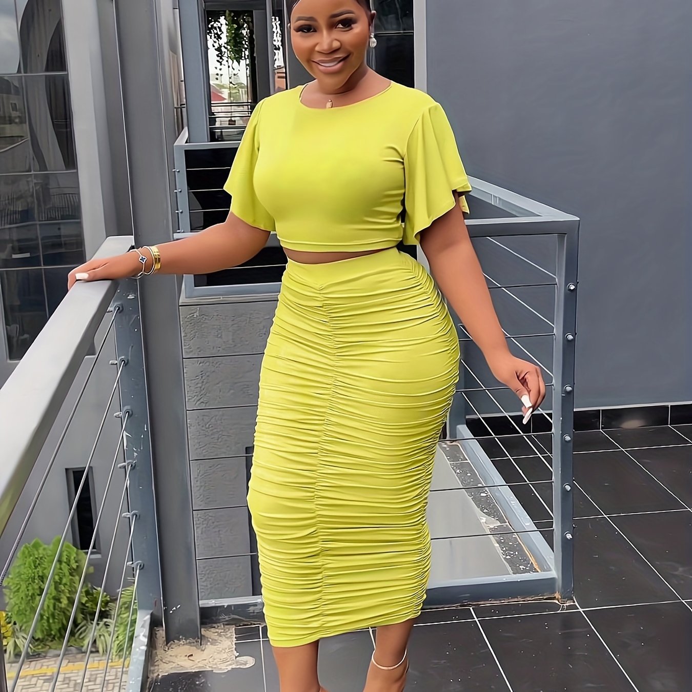 Sixsr T-shirt & Bodycon Skirts Solid Two-piece Set, Flared Sleeve Crop T-shirt & Ruched Midi Skirts, Women's Clothing