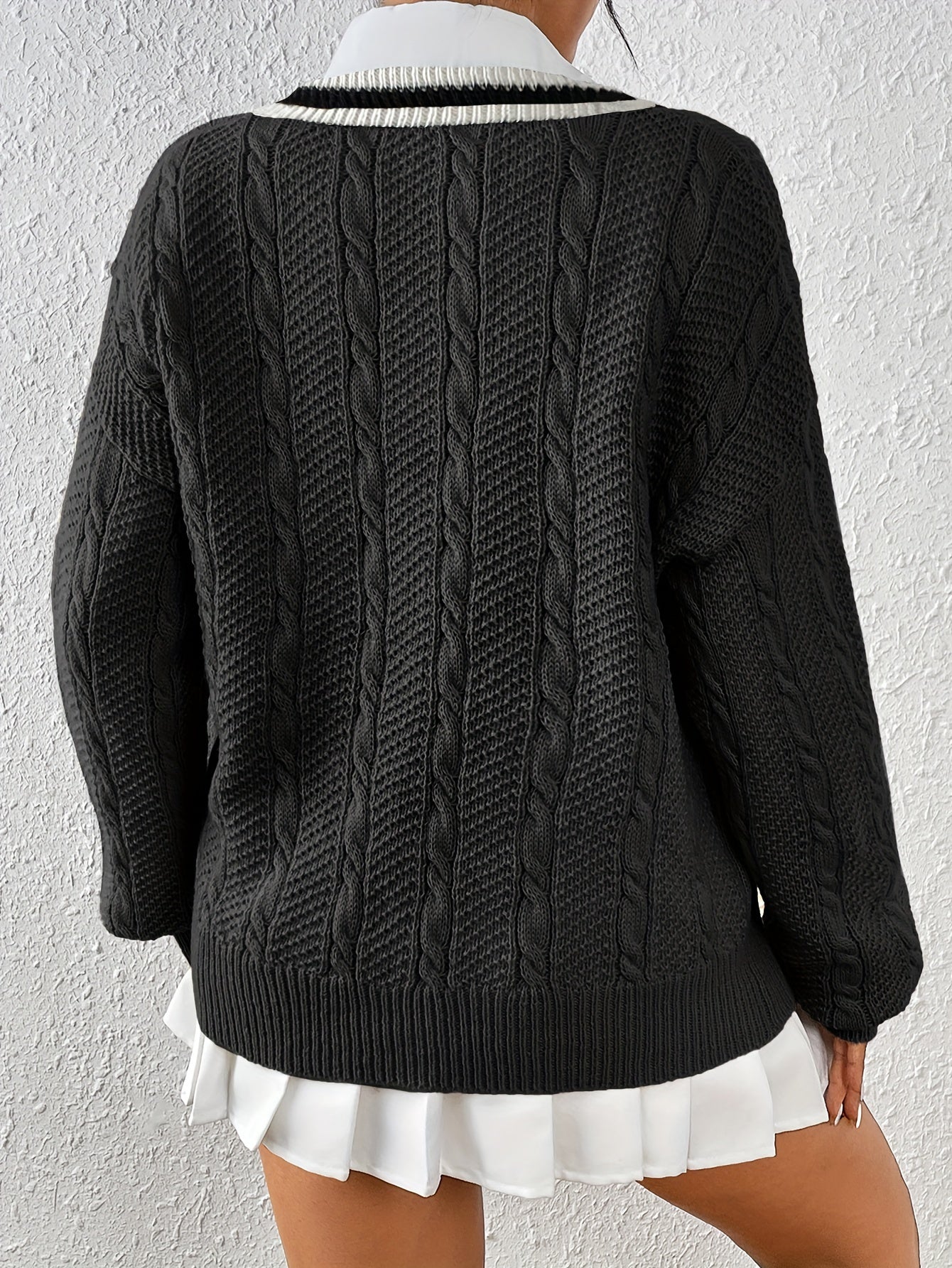 Sixsr Cable Knit V Neck Pullover Sweater, Casual Long Sleeve Loose Sweater, Women's Clothing