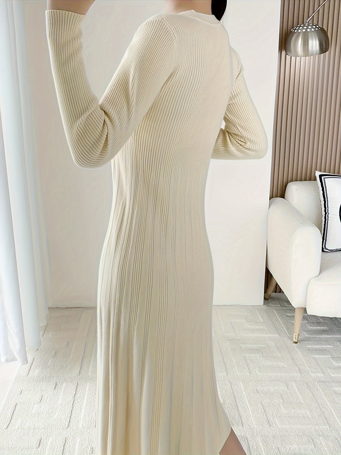 Sixsr Solid Crew Neck Slim Dress, Elegant Long Sleeve Aline Dress For Spring & Fall, Women's Clothing