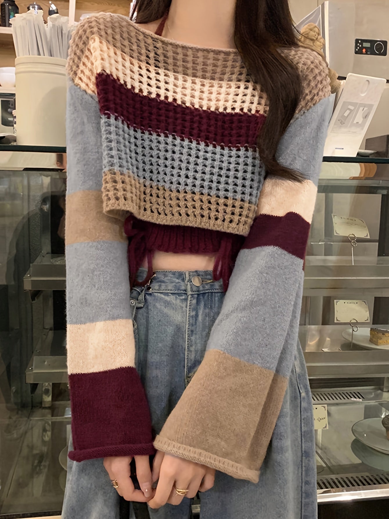 Sixsr Striped Boat Neck Knit Sweater, Casual Long Sleeve Crop Sweater For Fall & Spring, Women's Clothing
