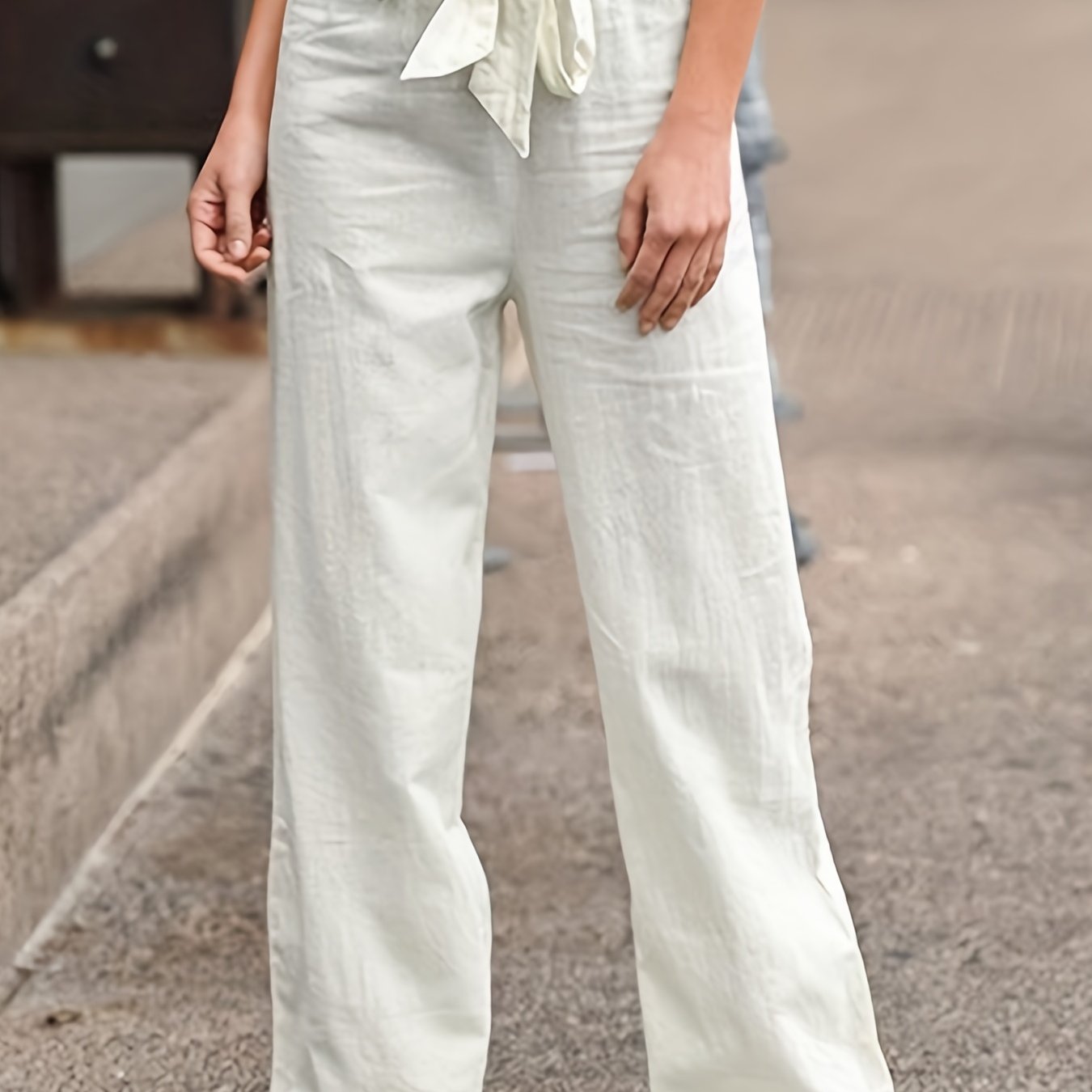 Sixsr Solid Tie Waist Pants, Casual High Waist Wide Leg Long Length Pants, Women's Clothing