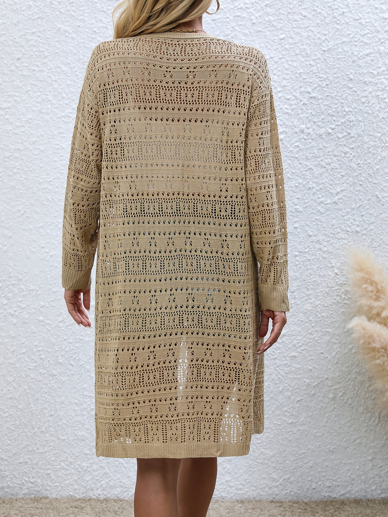 Sixsr Cut Out Open Front Crochet Cardigan, Long Sleeve Casual Long Length Cardigan For Spring & Summer, Women's Clothing