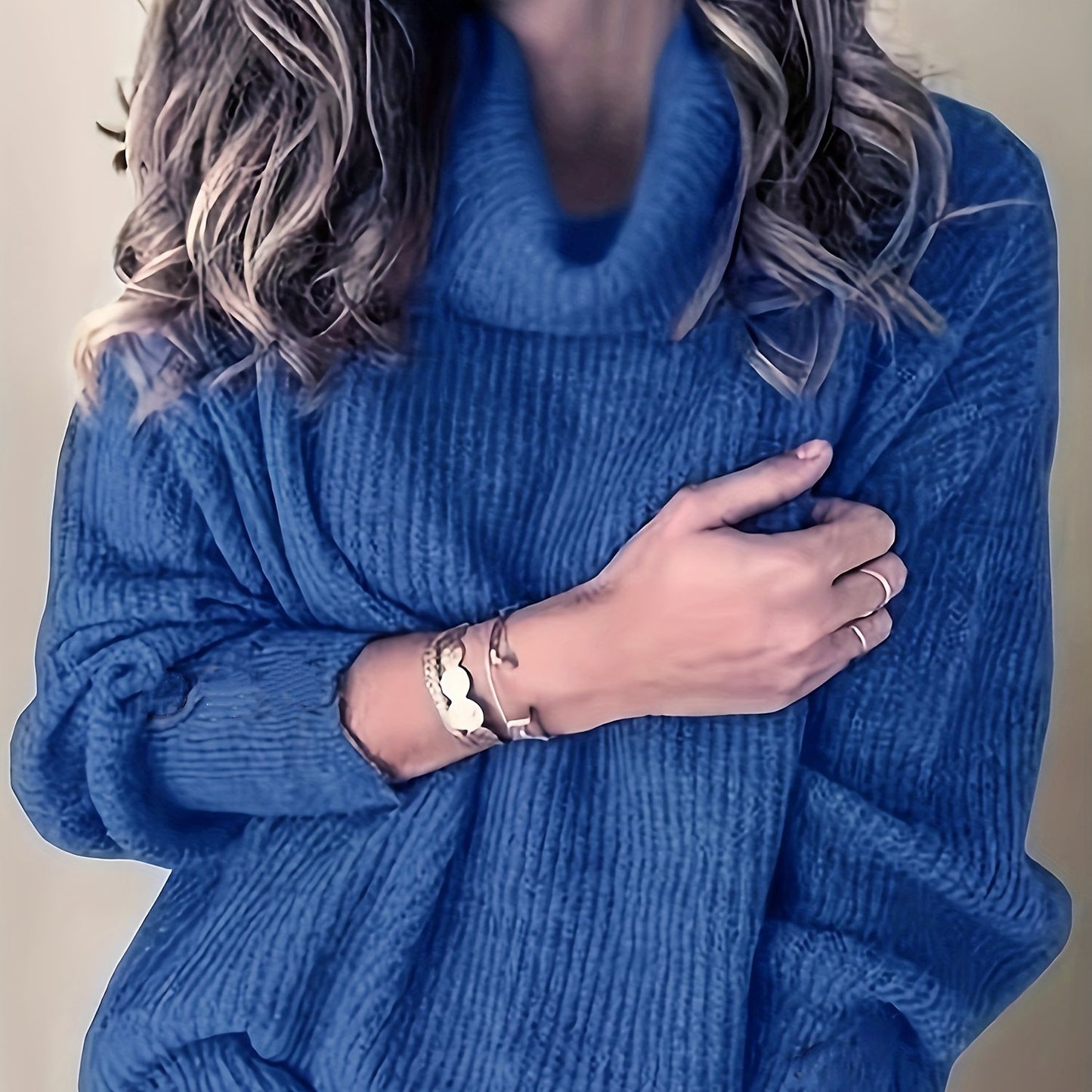 Sixsr Plus Size Casual Sweater, Women's Plus Solid Ribbed Turtle Neck Long Sleeve Medium Stretch Sweater