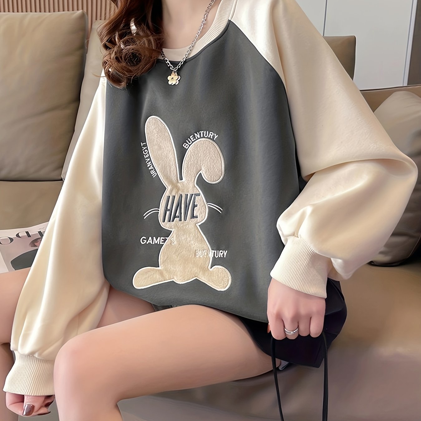 Sixsr Patched Rabbit Sweatshirt, Casual Raglan Neck Long Sleeve Sweatshirt, Women's Clothing