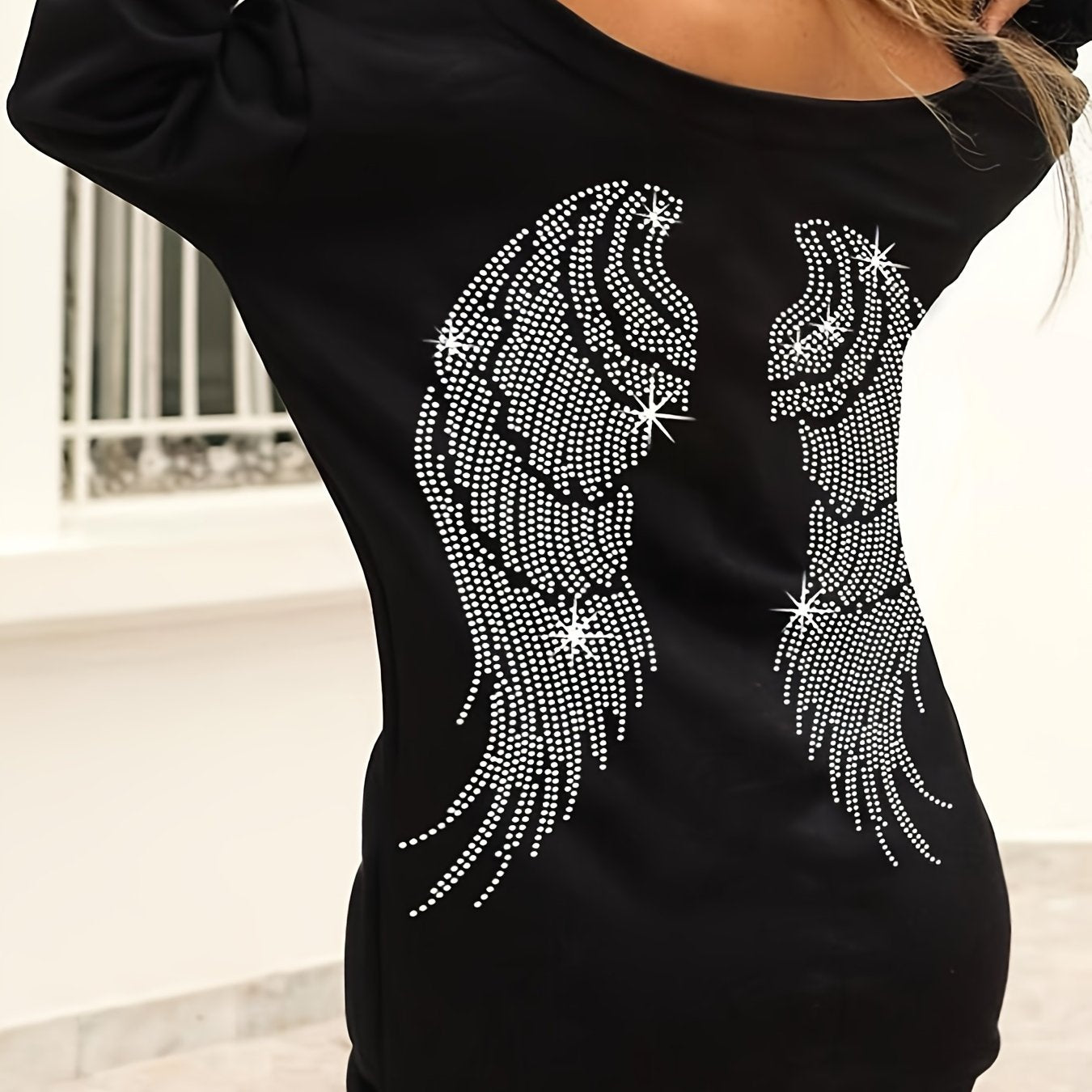 Sixsr Wings Print Off Shoulder Elegant Dress, Long Sleeve Bag Hip Mini Dress, Women's Clothing