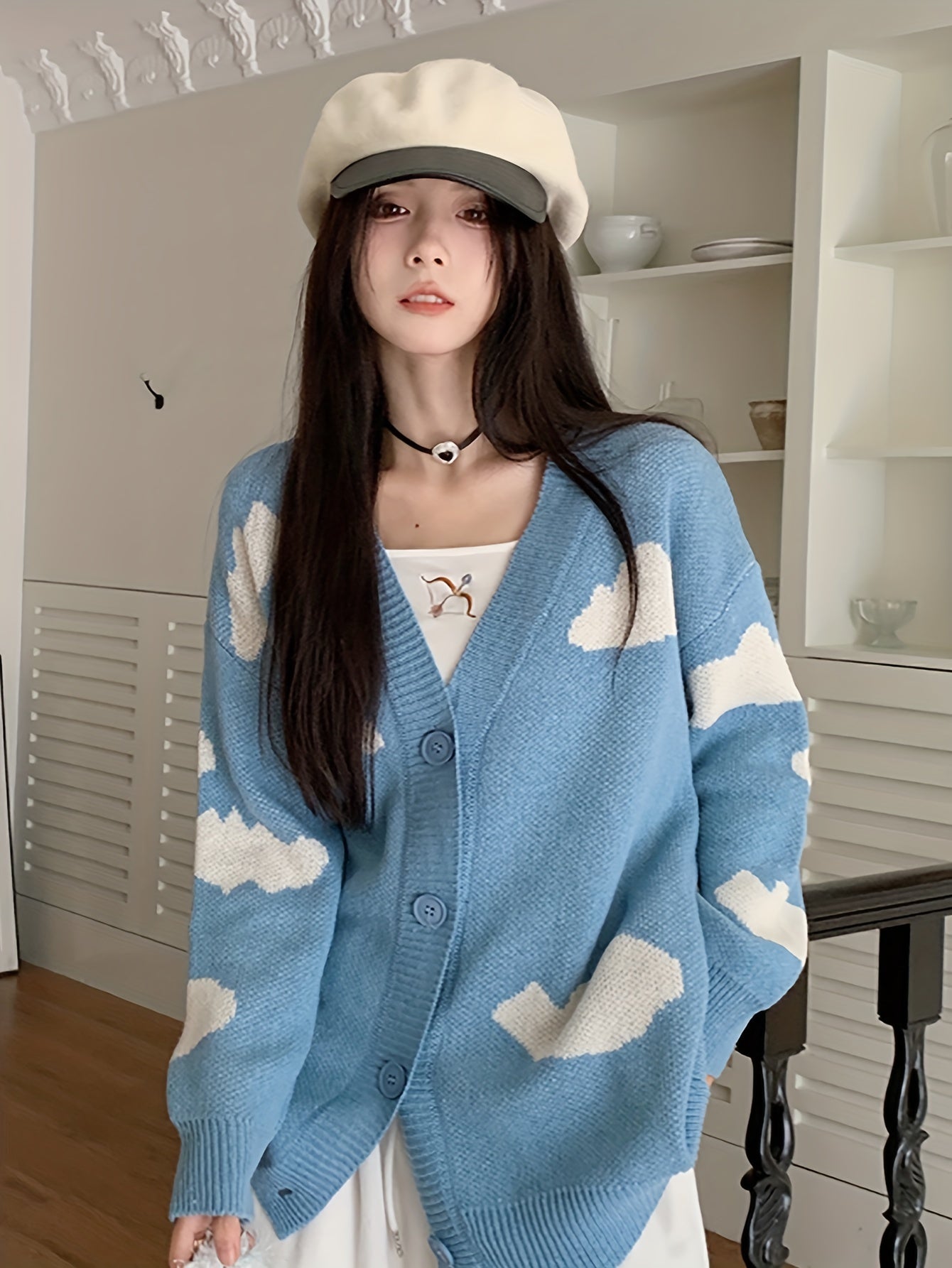 Sixsr Cloud Pattern Button Front Cardigan, Casual Long Sleeve Drop Shoulder Cardigan, Women's Clothing