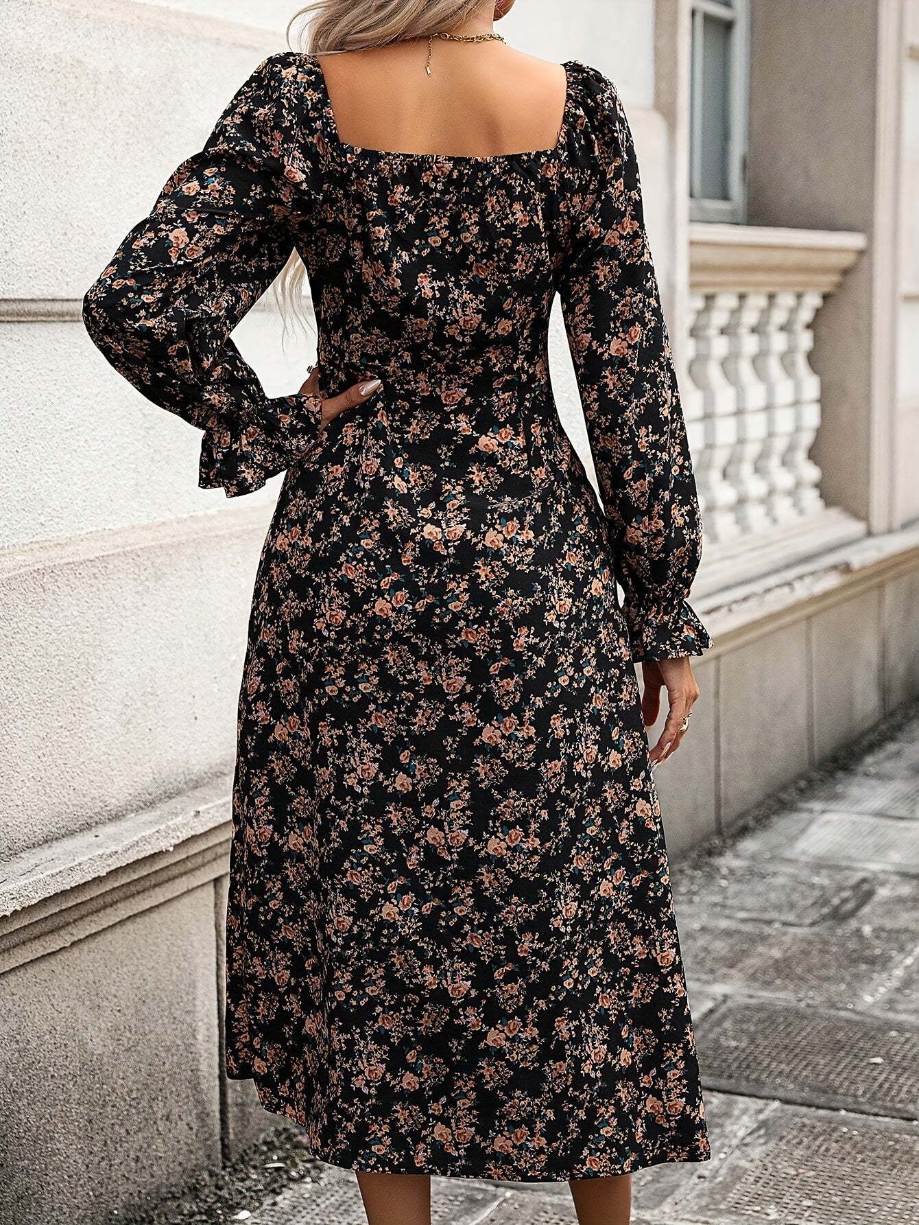 Sixsr Floral Print Long Sleeve Dress, Chic Square Neck Dress For Spring & Fall, Women's Clothing