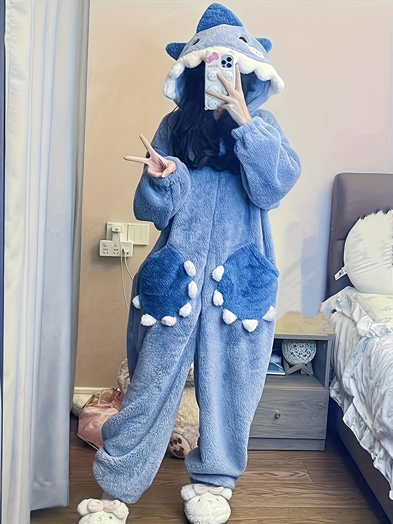 Sixsr Cartoon Shark Hooded Jumpsuit, Long Sleeve Zipper Fuzzy Pajamas, Women's Sleepwear & Loungewear