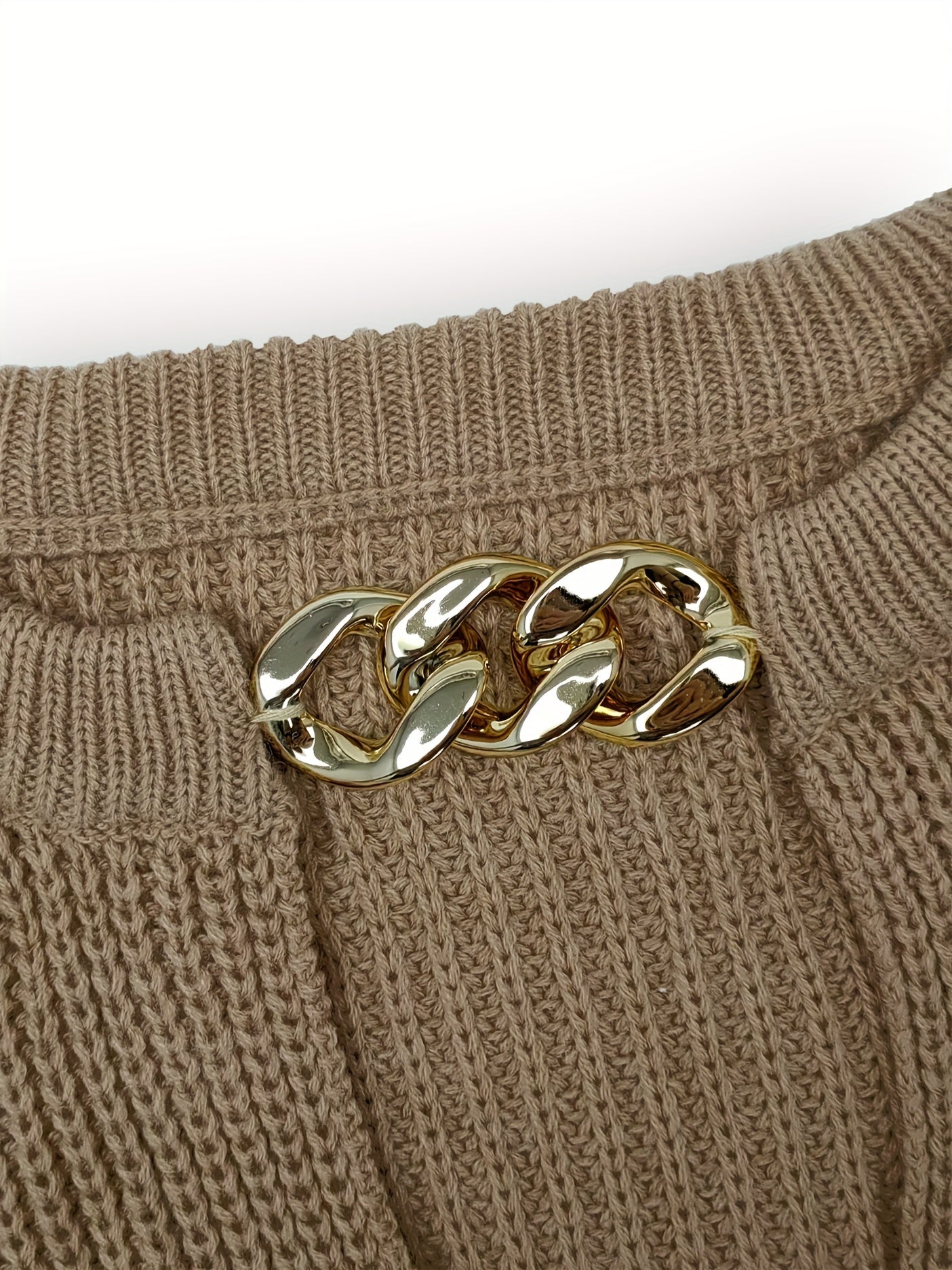 Sixsr Plus Size Chain Decor Cut Out Lantern Sleeve Sweater, Women's Plus Medium Stretch Casual Sweater