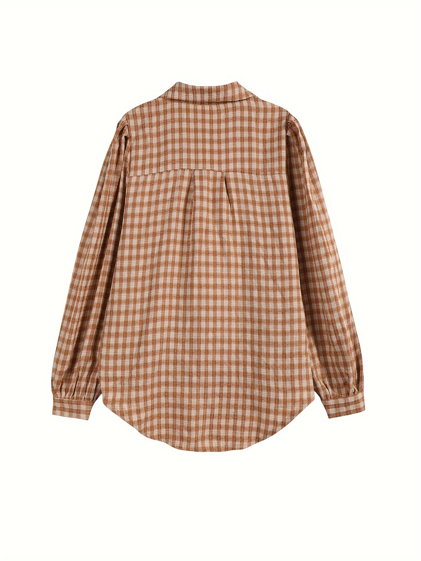Sixsr Plaid Print Double-breasted Blouse, Elegant Puff Sleeve Notch Collar Blouse, Women's Clothing