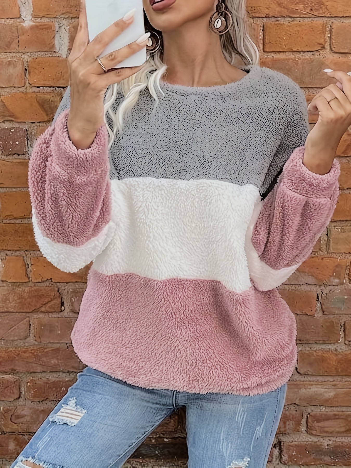 Sixsr Plus Size Casual Sweatshirt, Women's Plus Colorblock Long Sleeve Round Neck Medium Stretch Fleece Sweatshirt