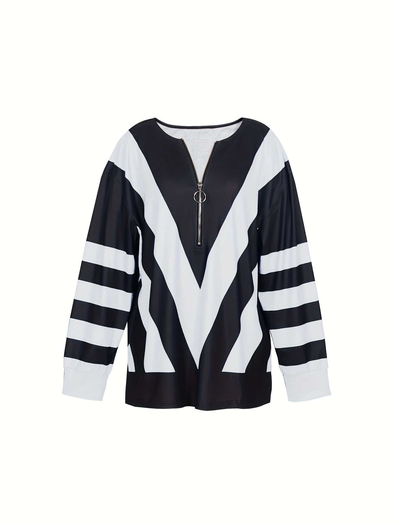 Sixsr Plus Size Casual Top, Women's Plus Colorblock Stripe Print Zipper Long Sleeve Round Neck Slight Stretch Top