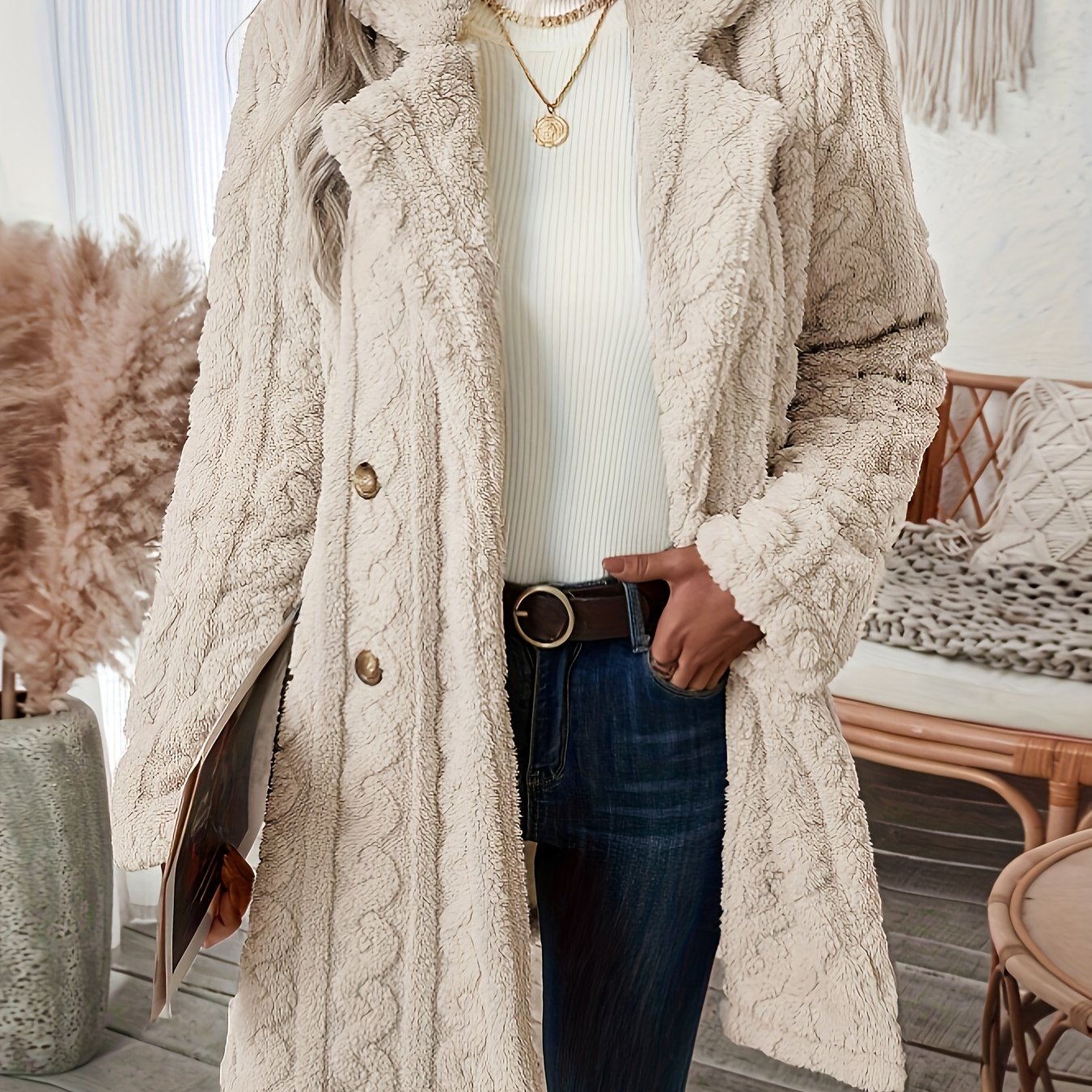 Sixsr Double-breasted Teddy Bear Coat, Casual Thermal Lapel Neck Long Sleeve Plush Jacket For Winter, Women's Clothing
